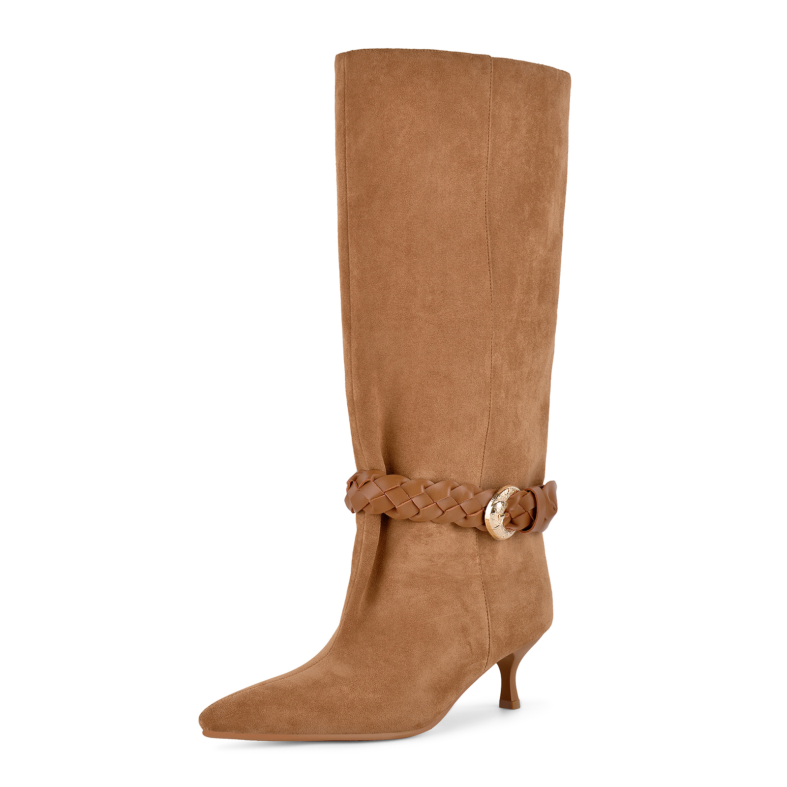 Suede Braided Buckle Strap Knee High Boots
