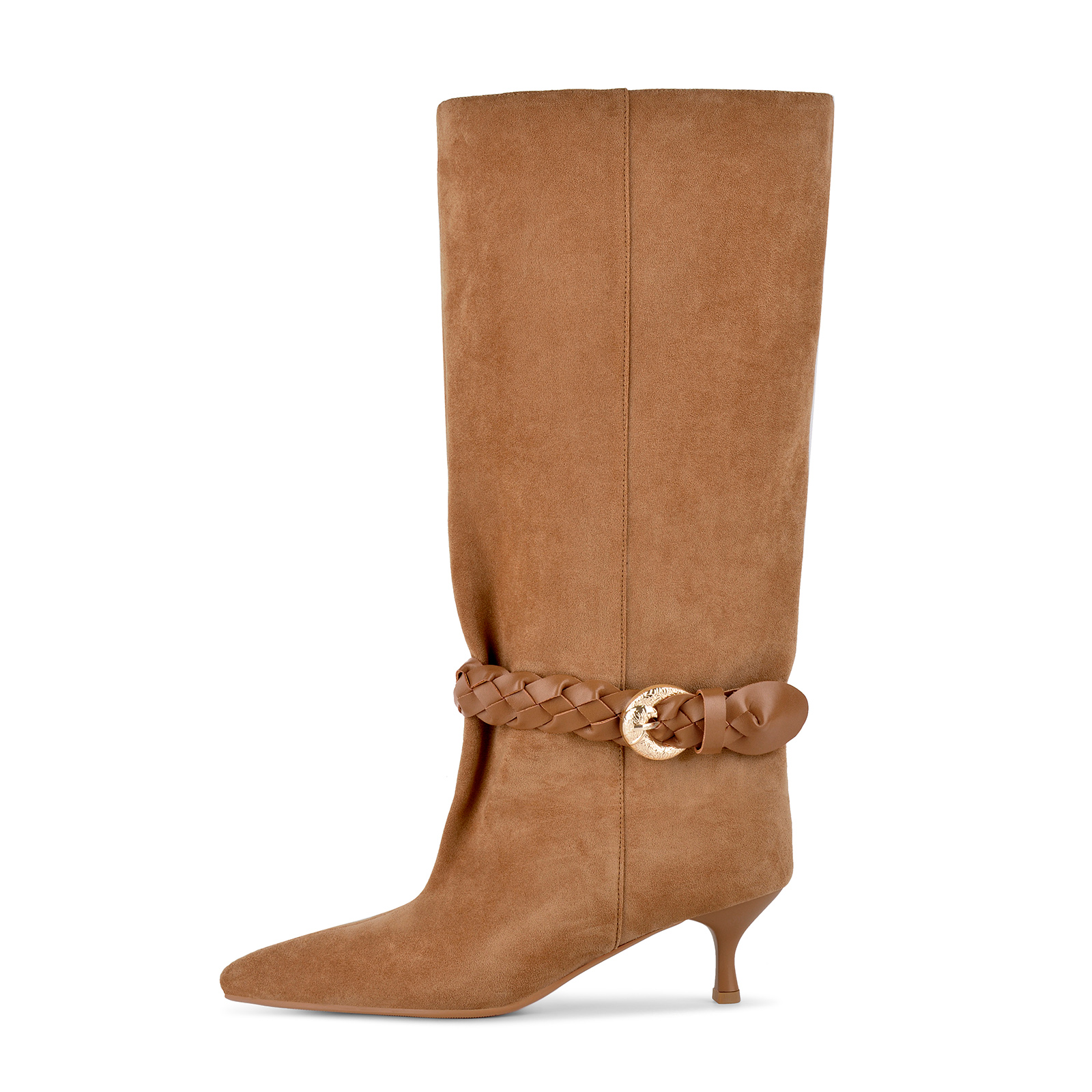 Suede Braided Buckle Strap Knee High Boots