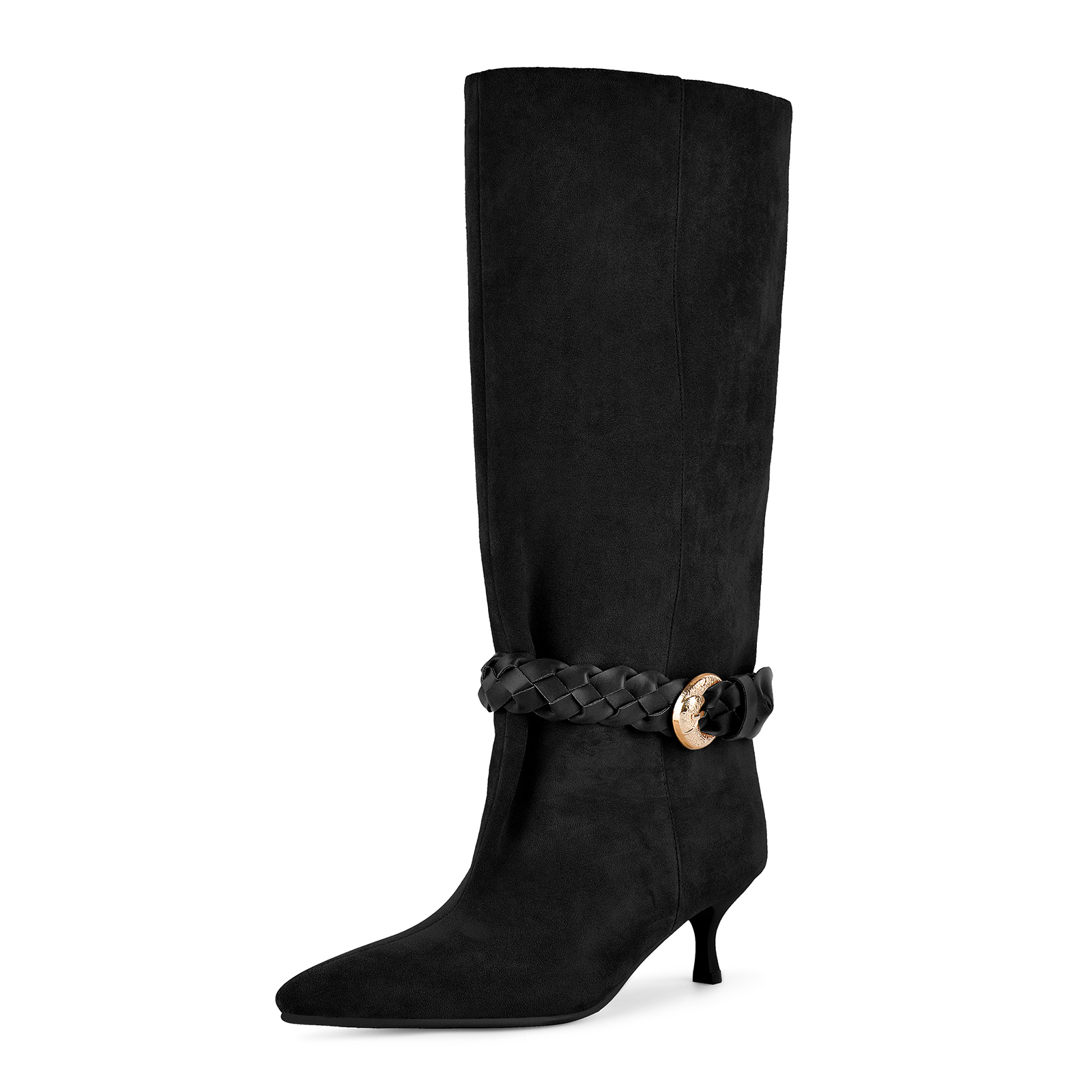 Suede Braided Buckle Strap Knee High Boots