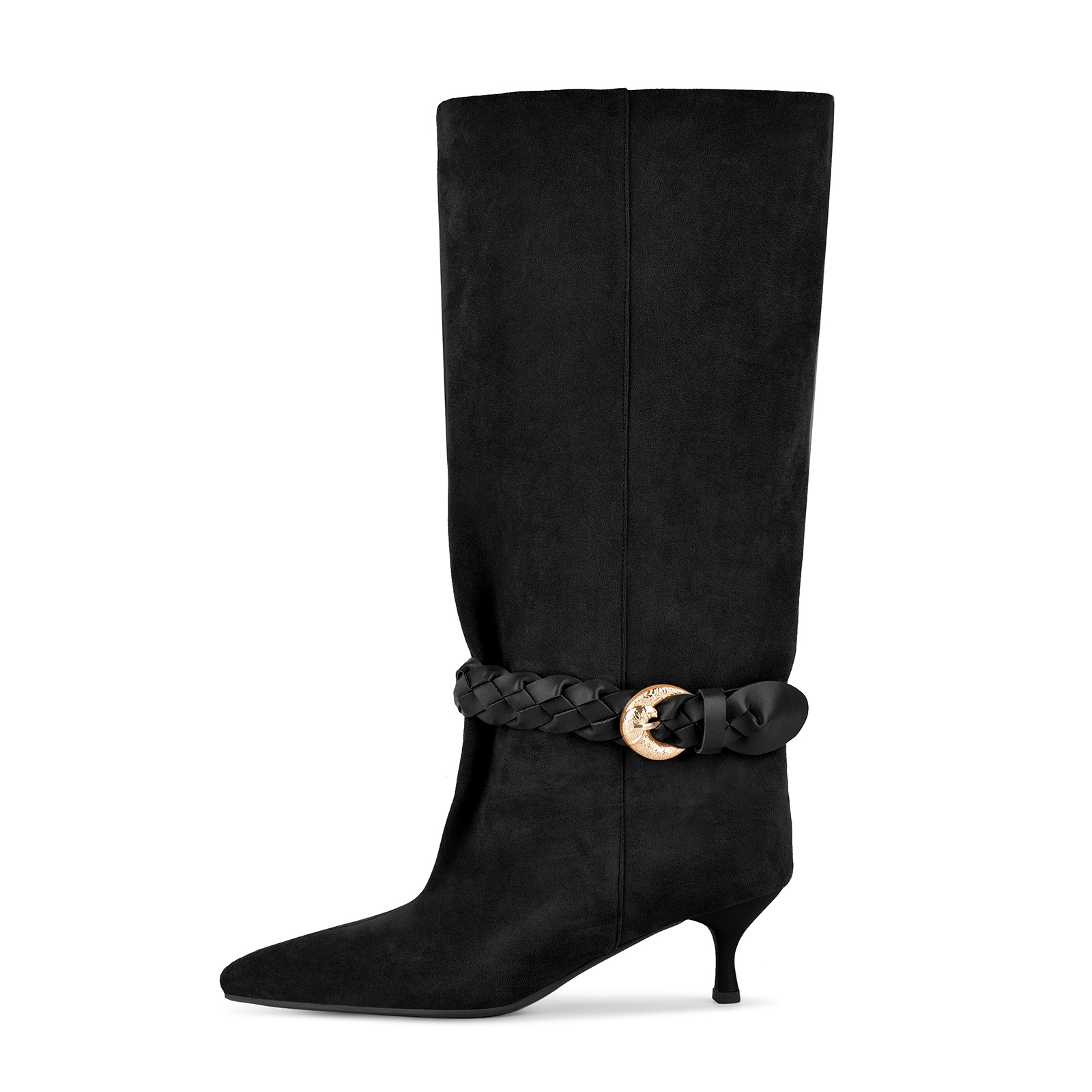 Suede Braided Buckle Strap Knee High Boots