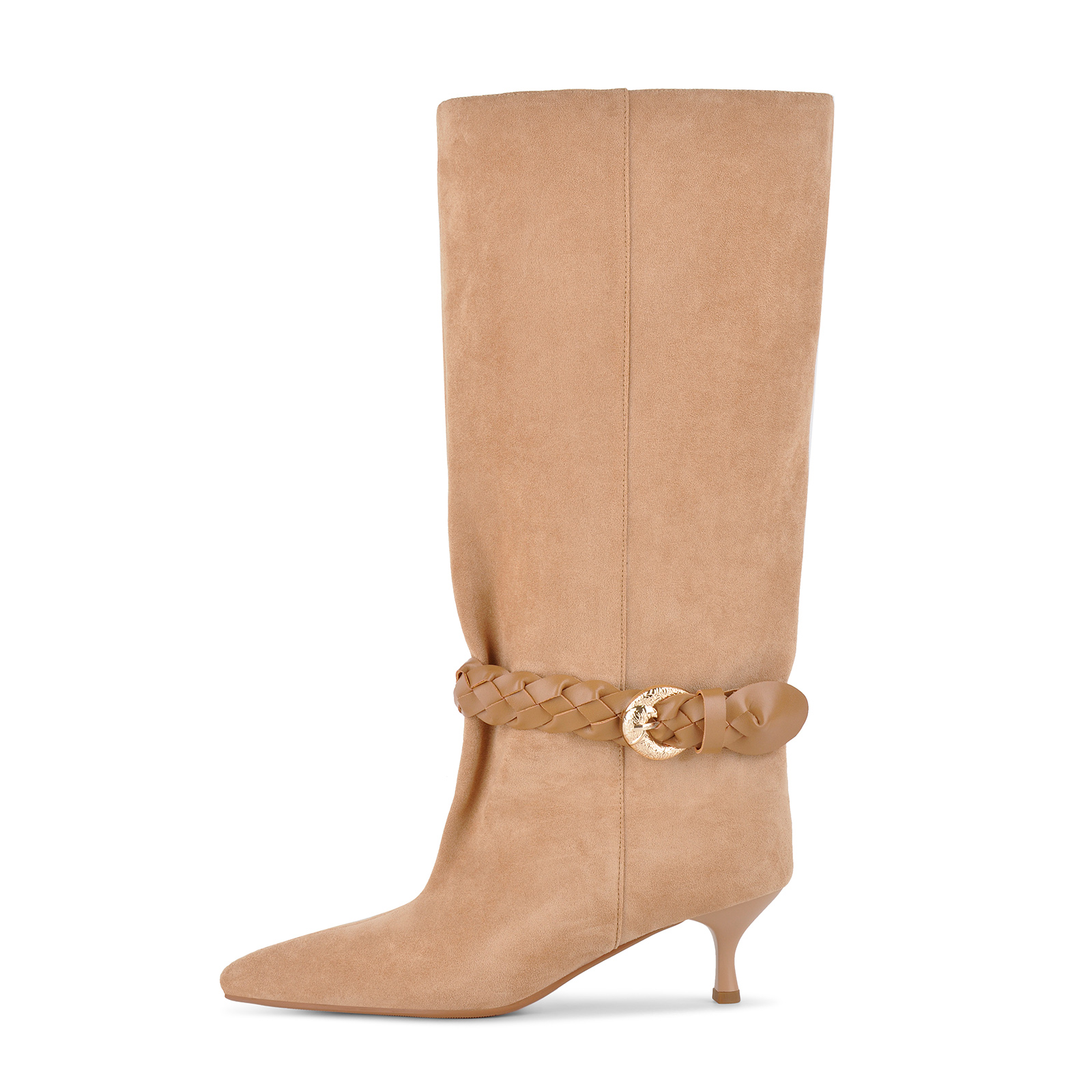 Suede Braided Buckle Strap Knee High Boots