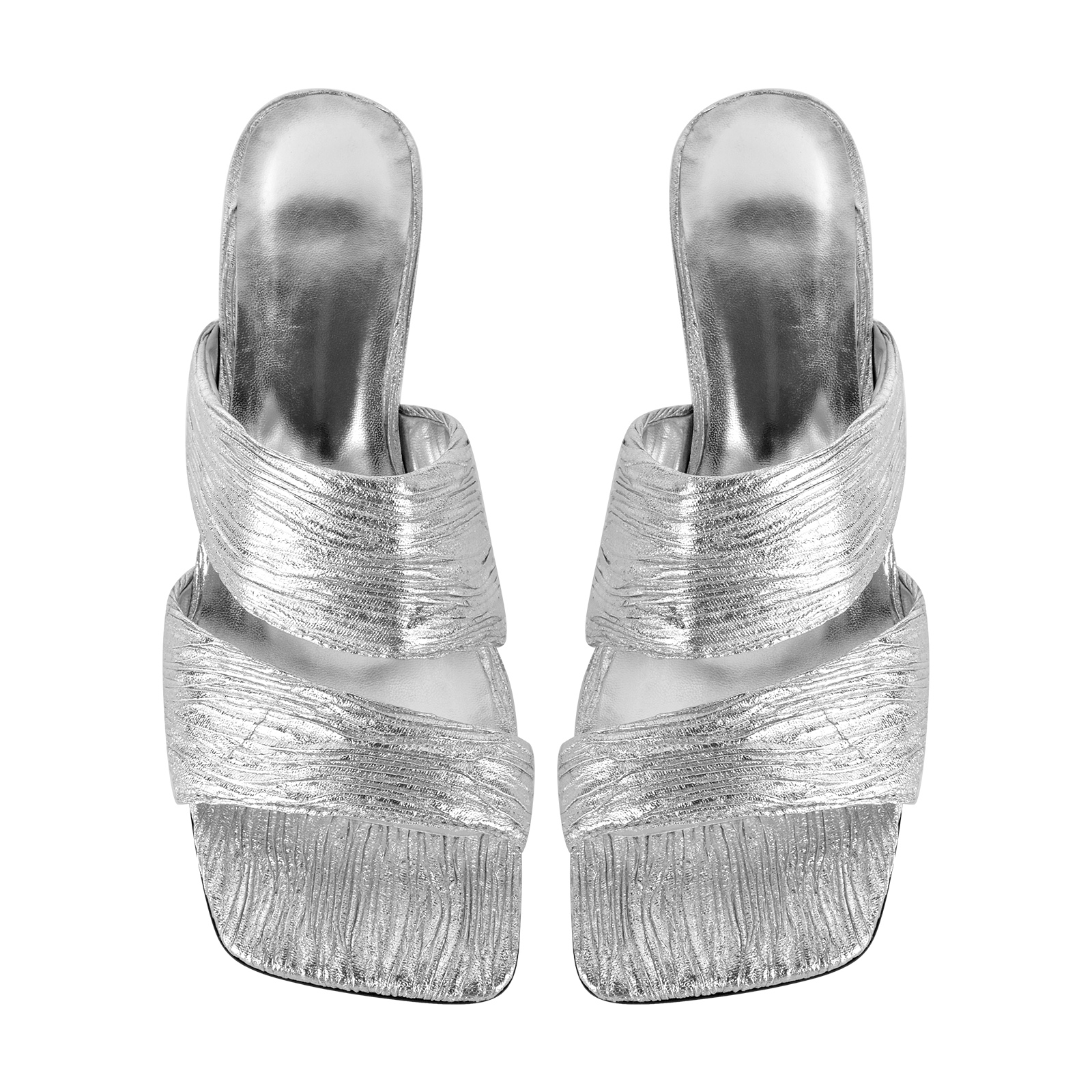 Square Toe Metallic Pleated Kitten Heel Mules