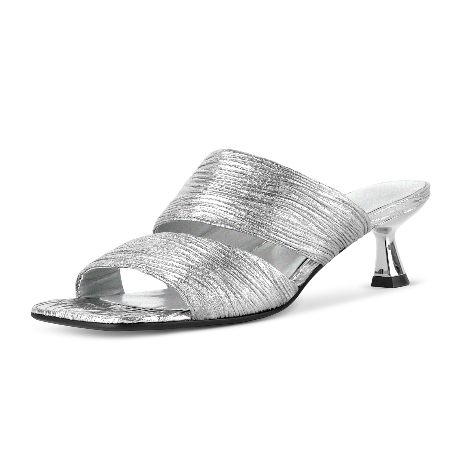 Square Toe Metallic Pleated Kitten Heel Mules