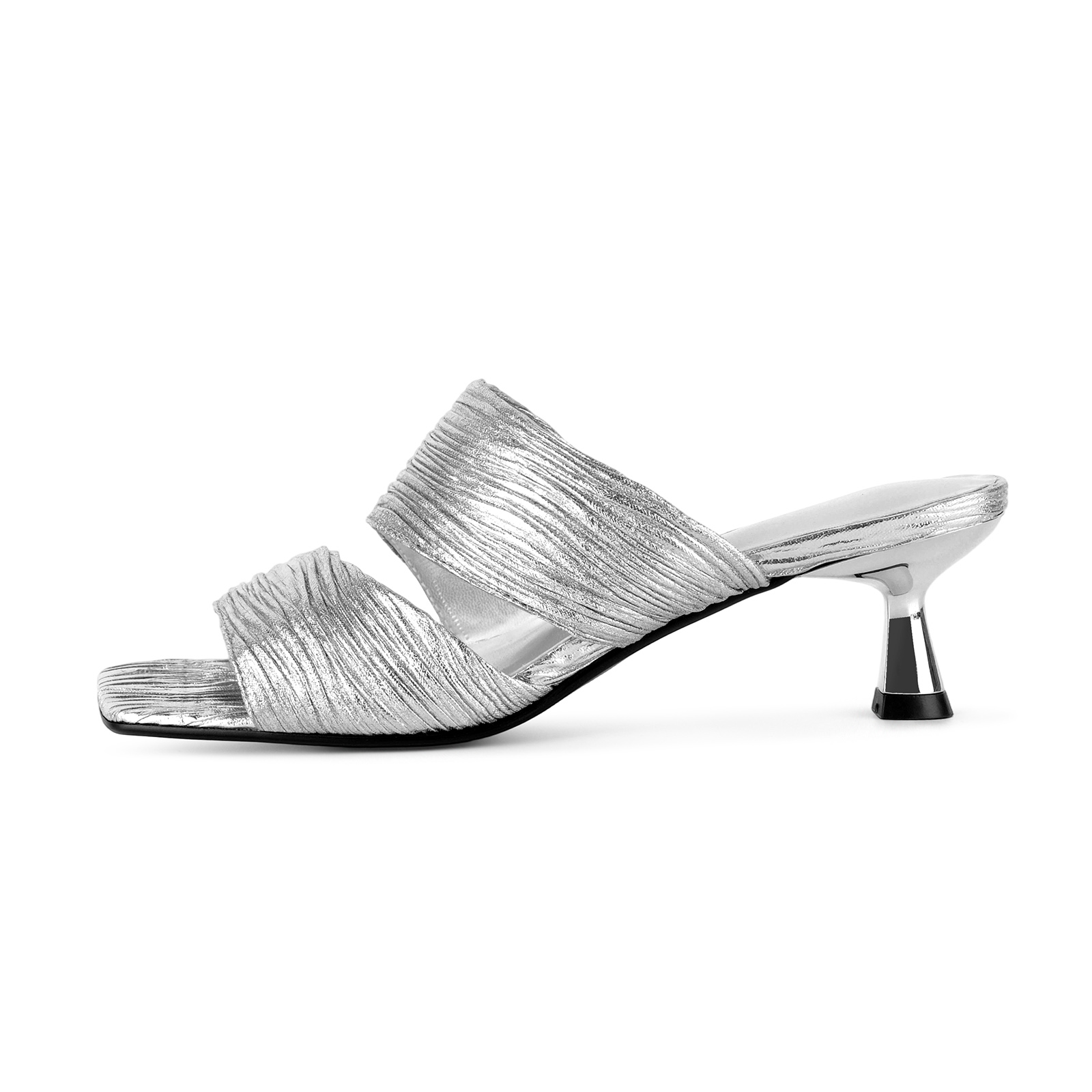 Square Toe Metallic Pleated Kitten Heel Mules