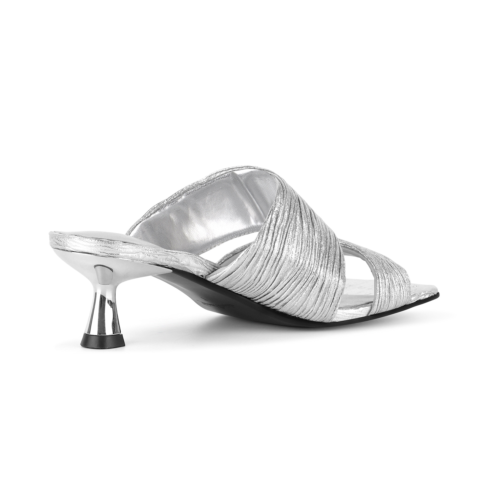 Square Toe Metallic Pleated Kitten Heel Mules