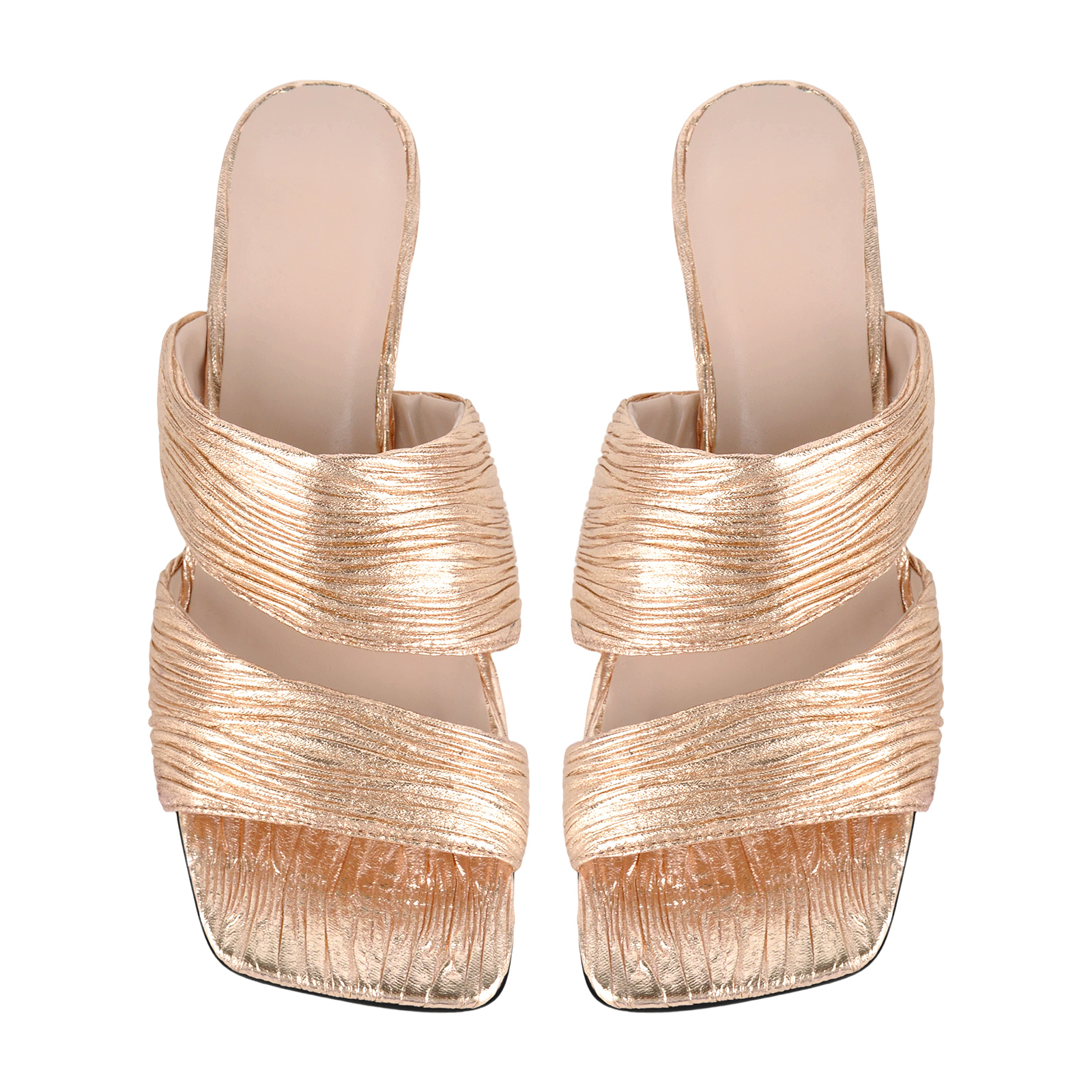 Square Toe Metallic Pleated Kitten Heel Mules