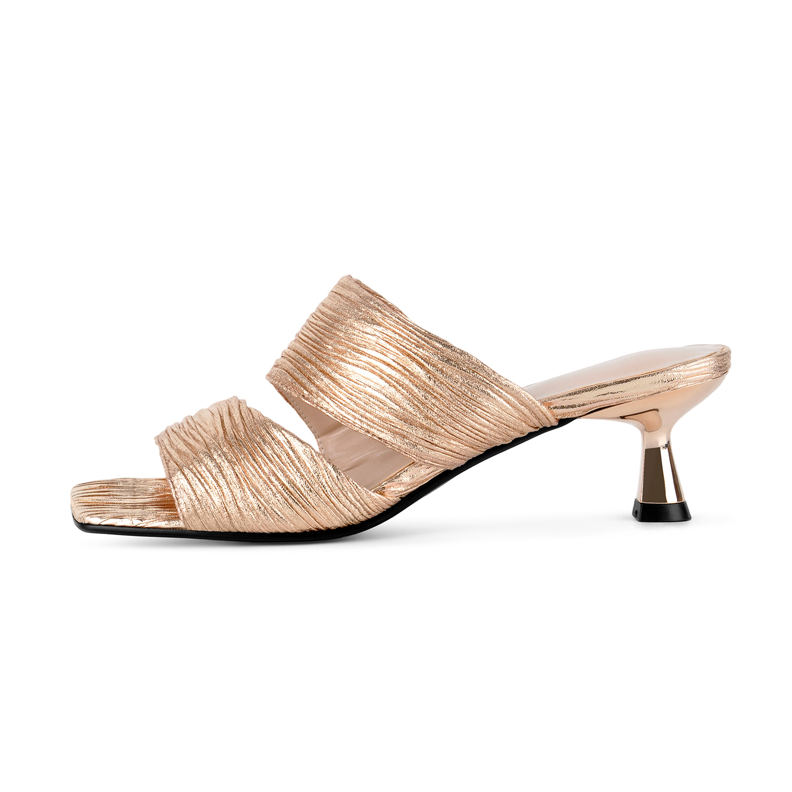 Square Toe Metallic Pleated Kitten Heel Mules