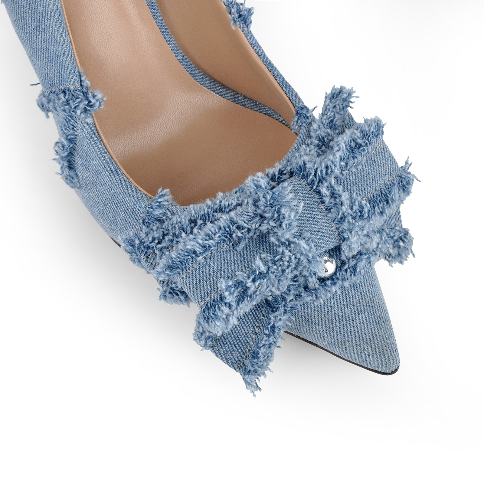 Pointed Toe Denim Frayed Bow Stiletto Pumps