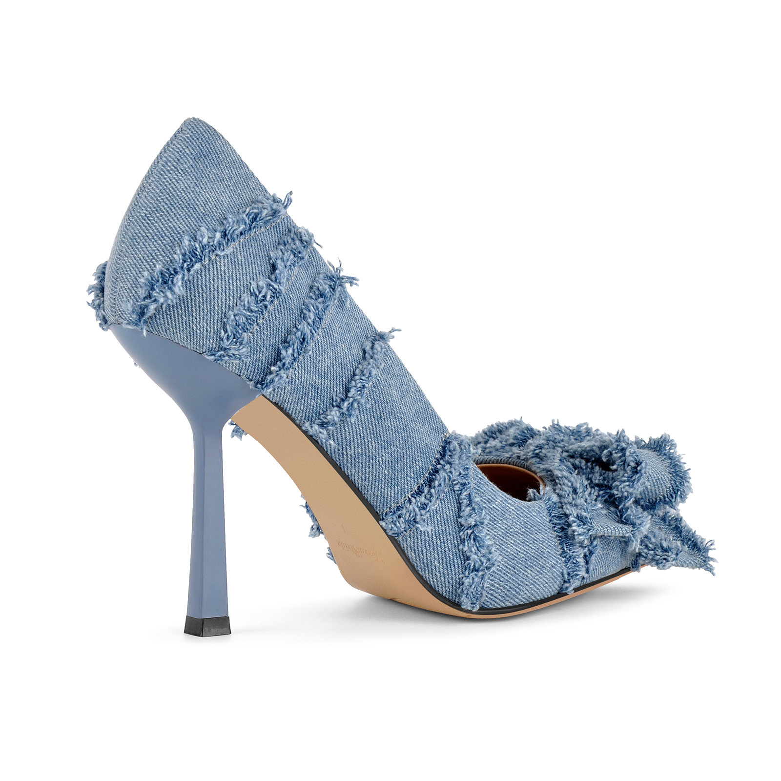 Pointed Toe Denim Frayed Bow Stiletto Pumps