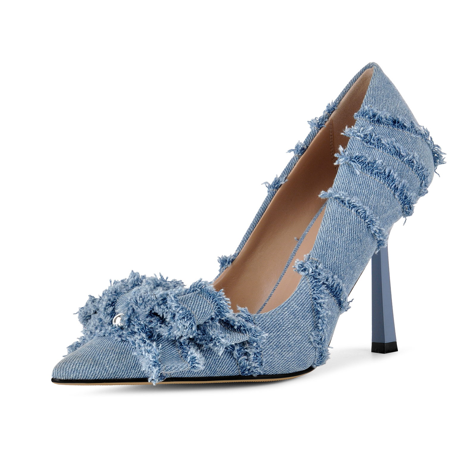 Pointed Toe Denim Frayed Bow Stiletto Pumps