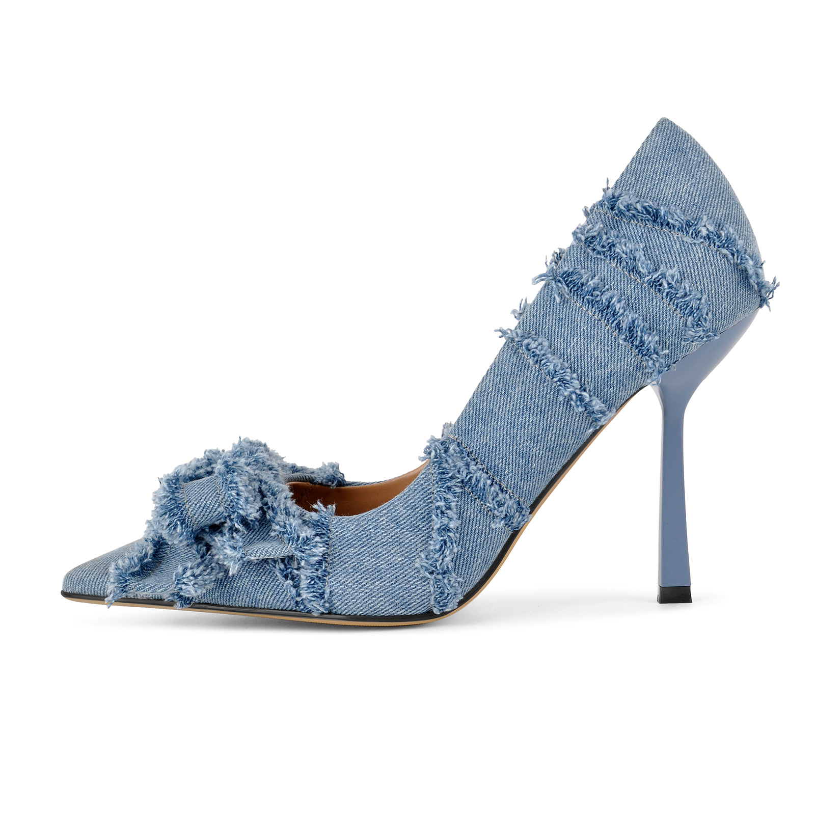 Pointed Toe Denim Frayed Bow Stiletto Pumps