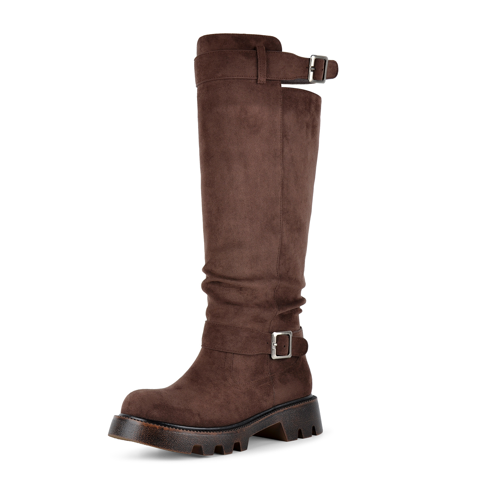 Suede Platform Buckle Strap Knee High Boots
