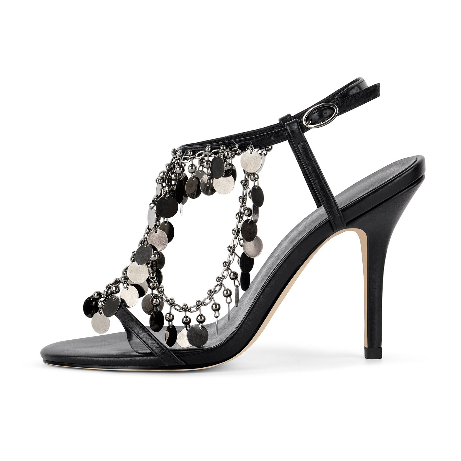 Metal Disc Tassel Ankle Strap Stiletto Sandals