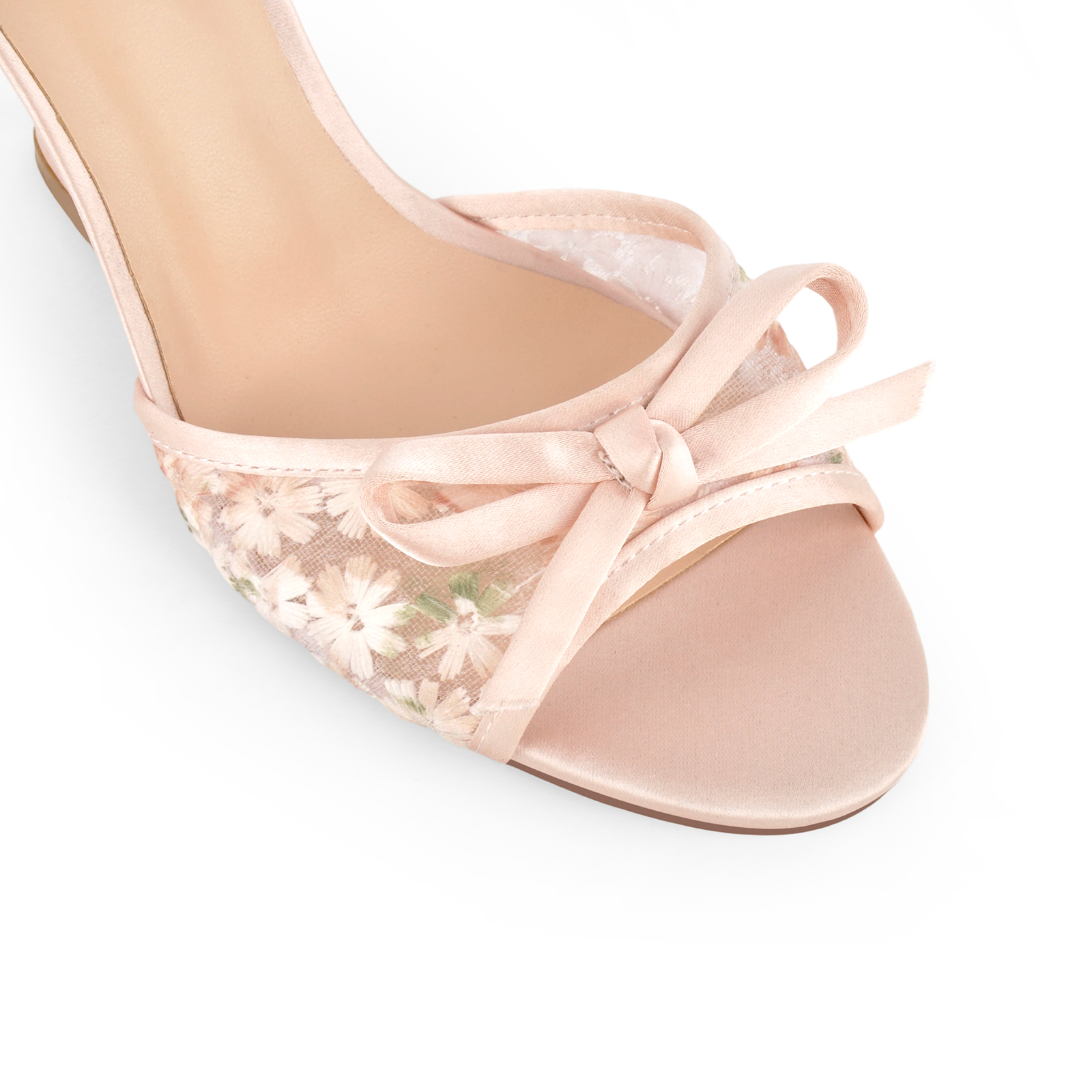 Satin Bow Floral Embroidered Mesh Wedge Mules