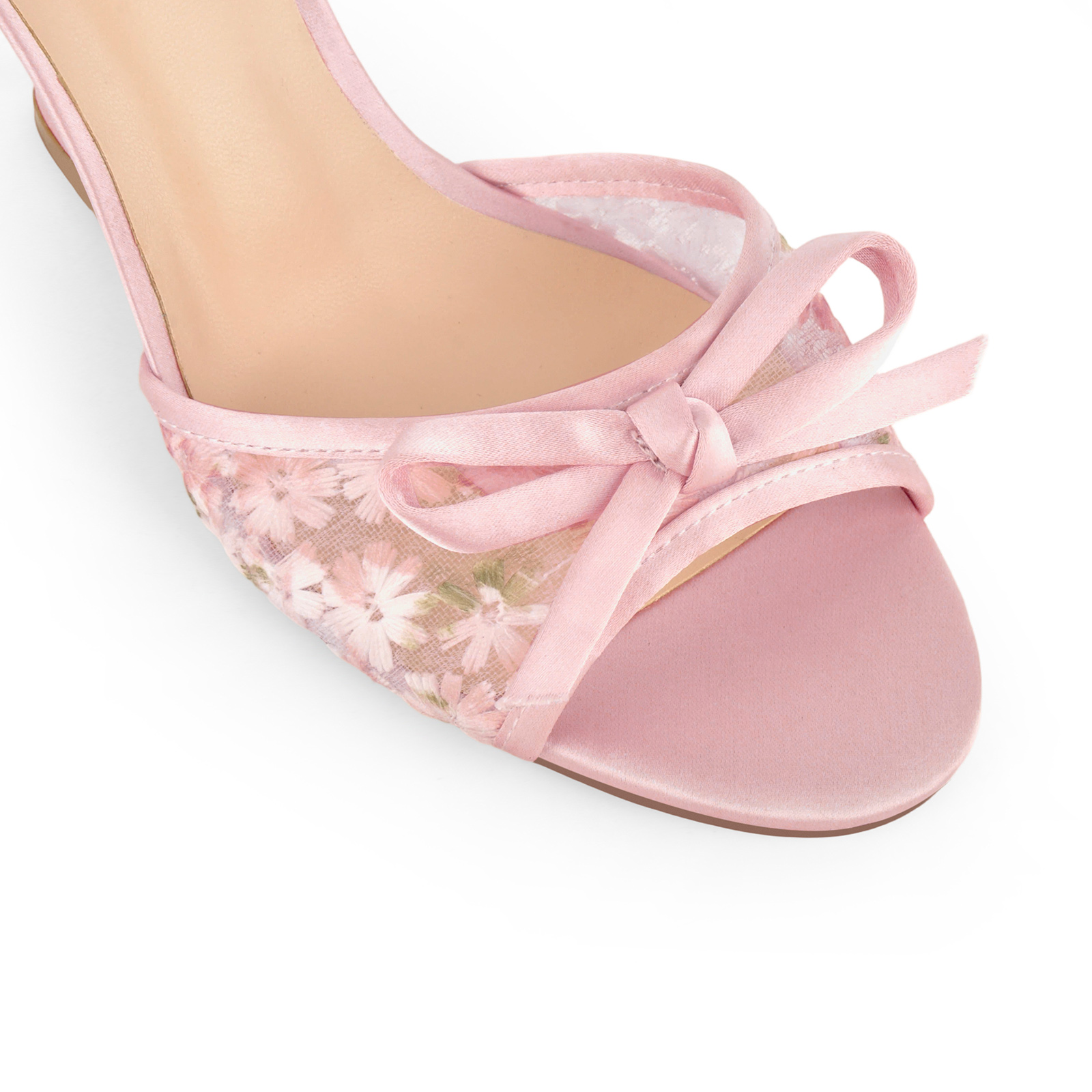 Satin Bow Floral Embroidered Mesh Wedge Mules