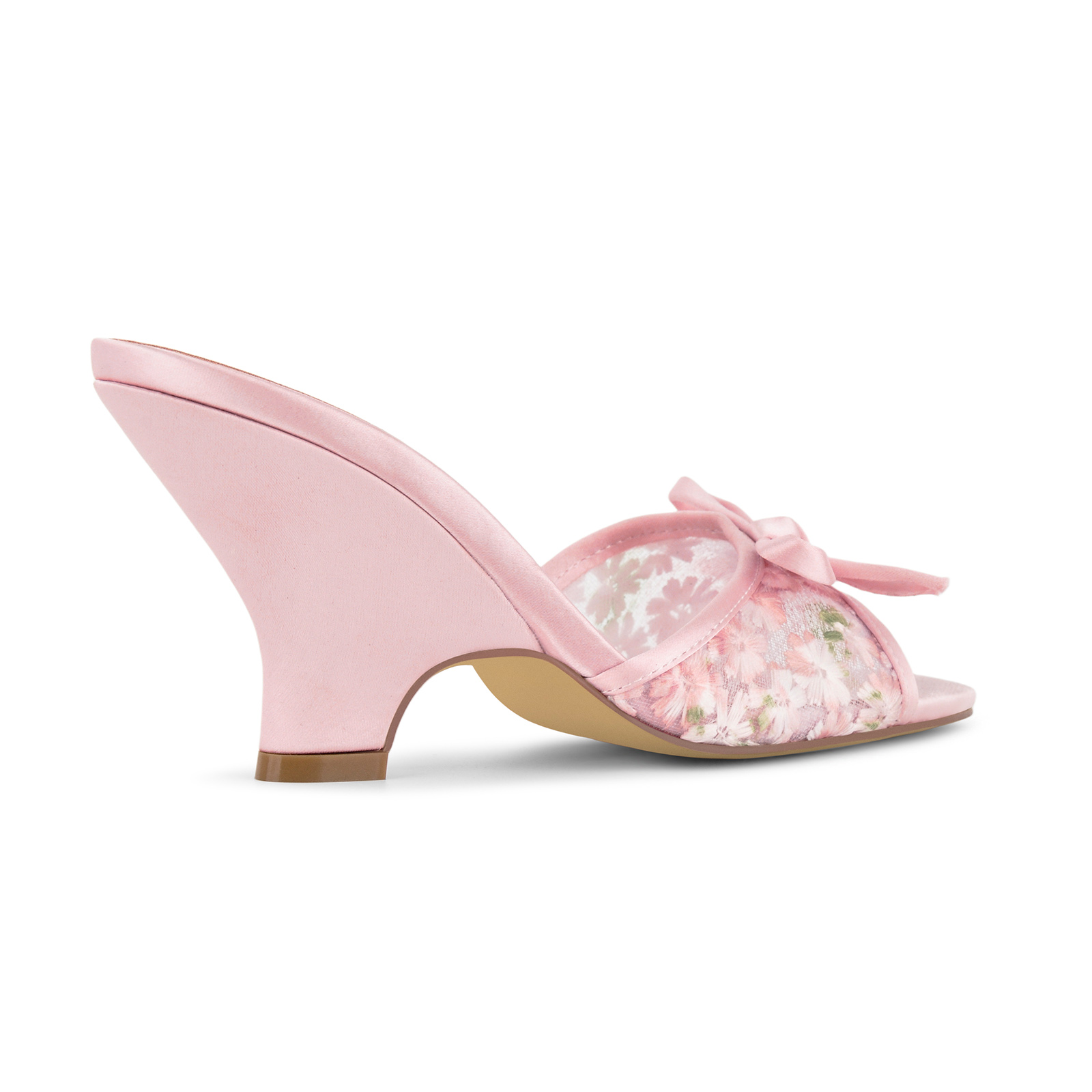 Satin Bow Floral Embroidered Mesh Wedge Mules