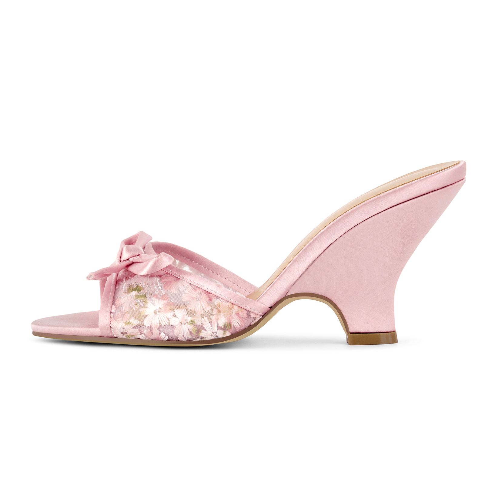 Satin Bow Floral Embroidered Mesh Wedge Mules