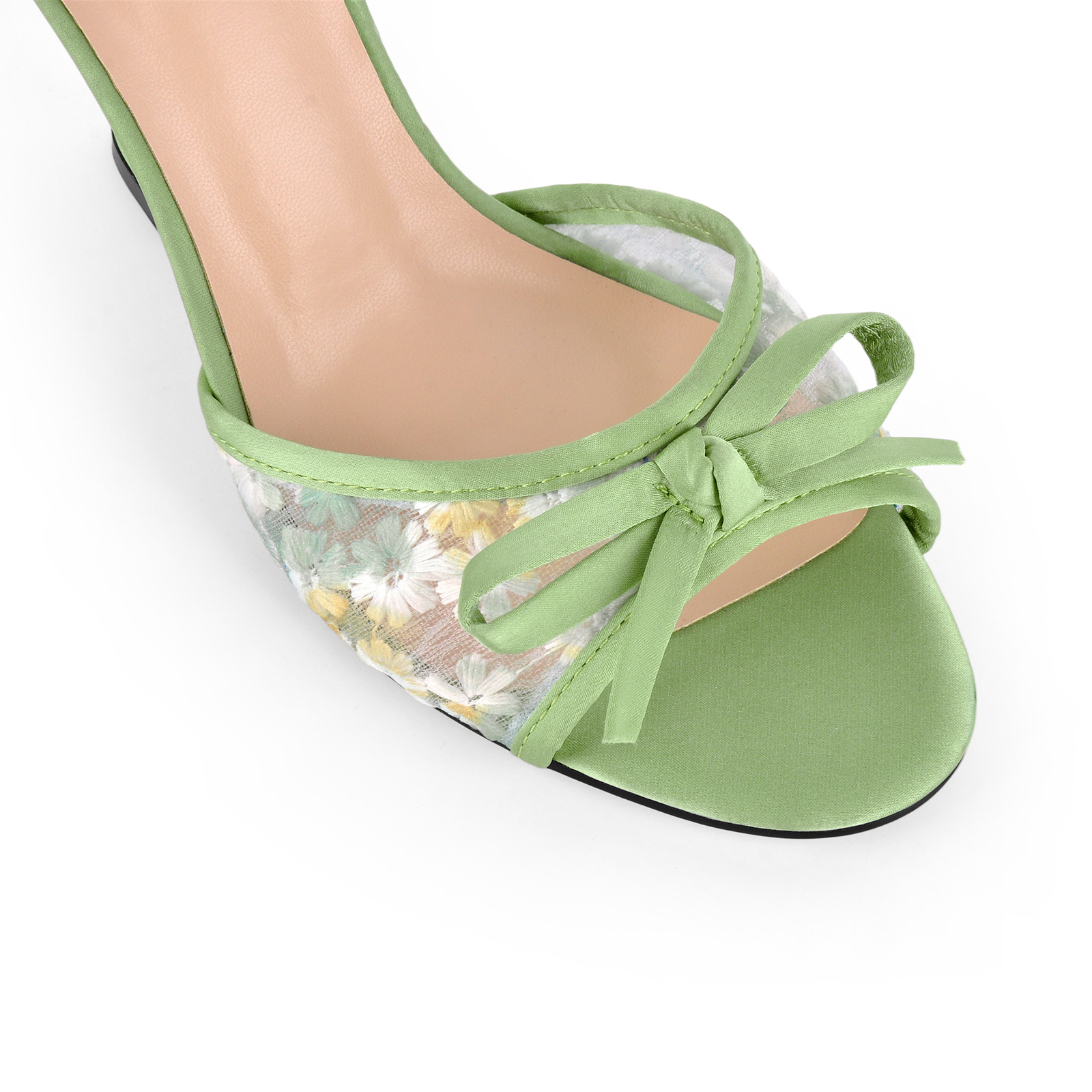 Satin Bow Floral Embroidered Mesh Wedge Mules