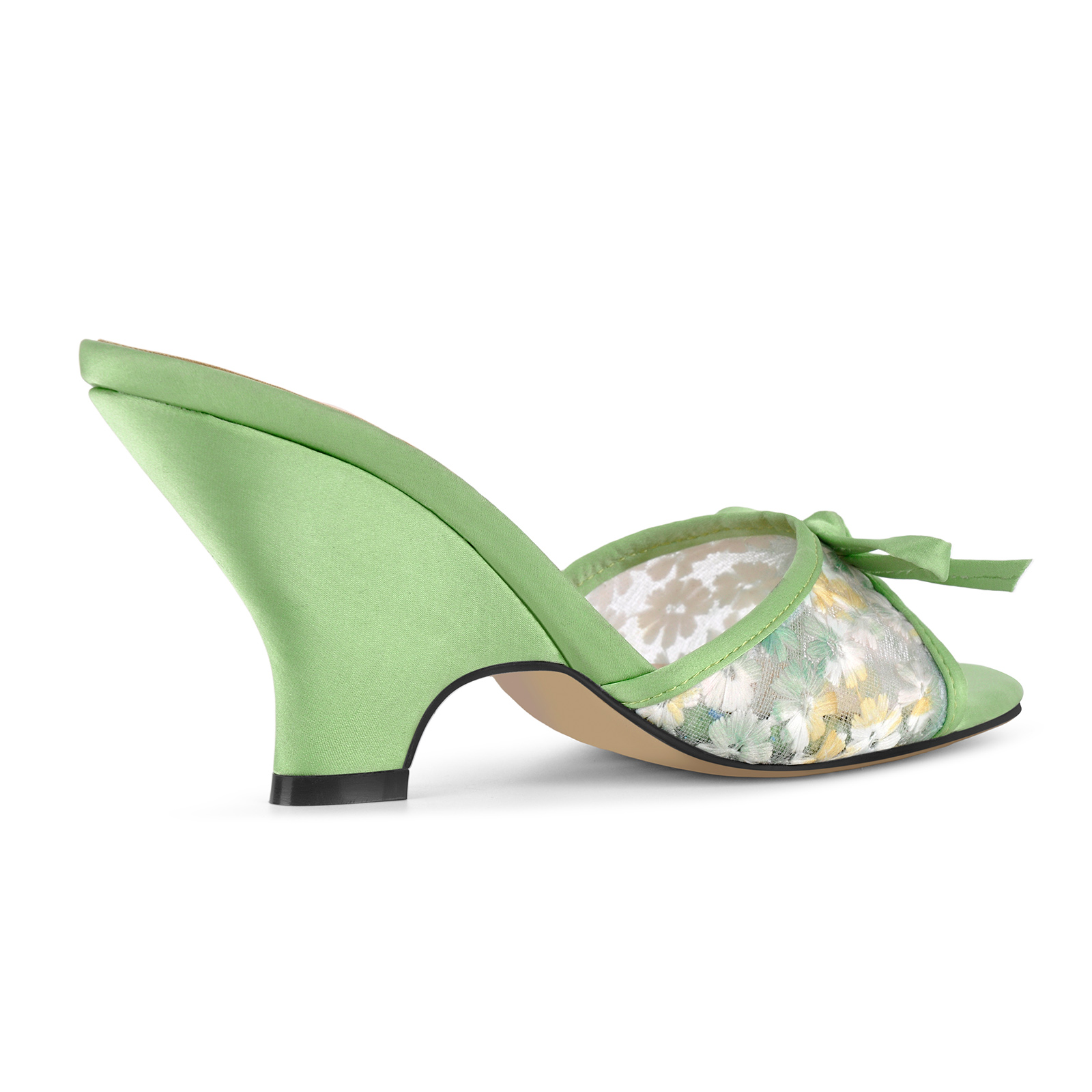Satin Bow Floral Embroidered Mesh Wedge Mules