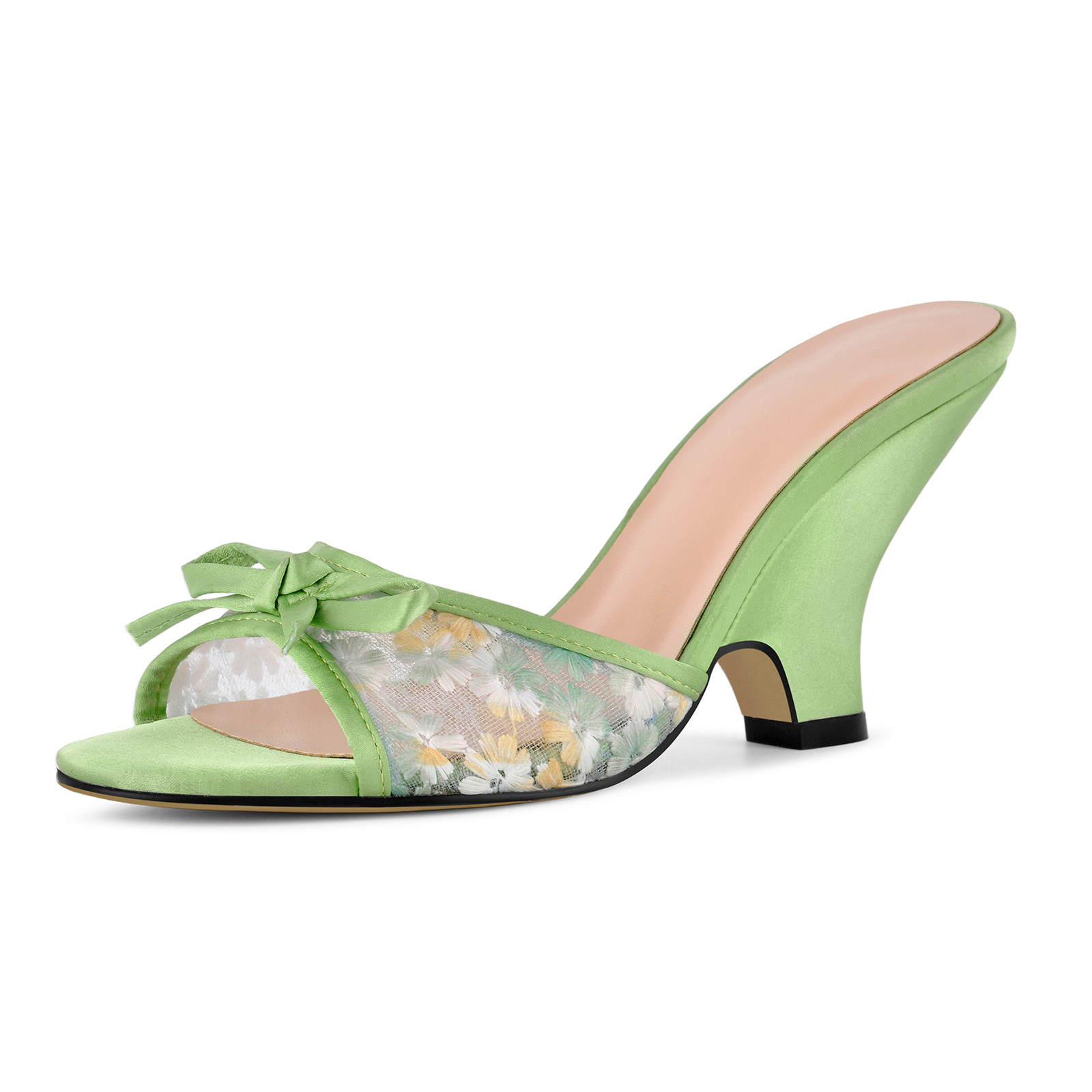 Satin Bow Floral Embroidered Mesh Wedge Mules