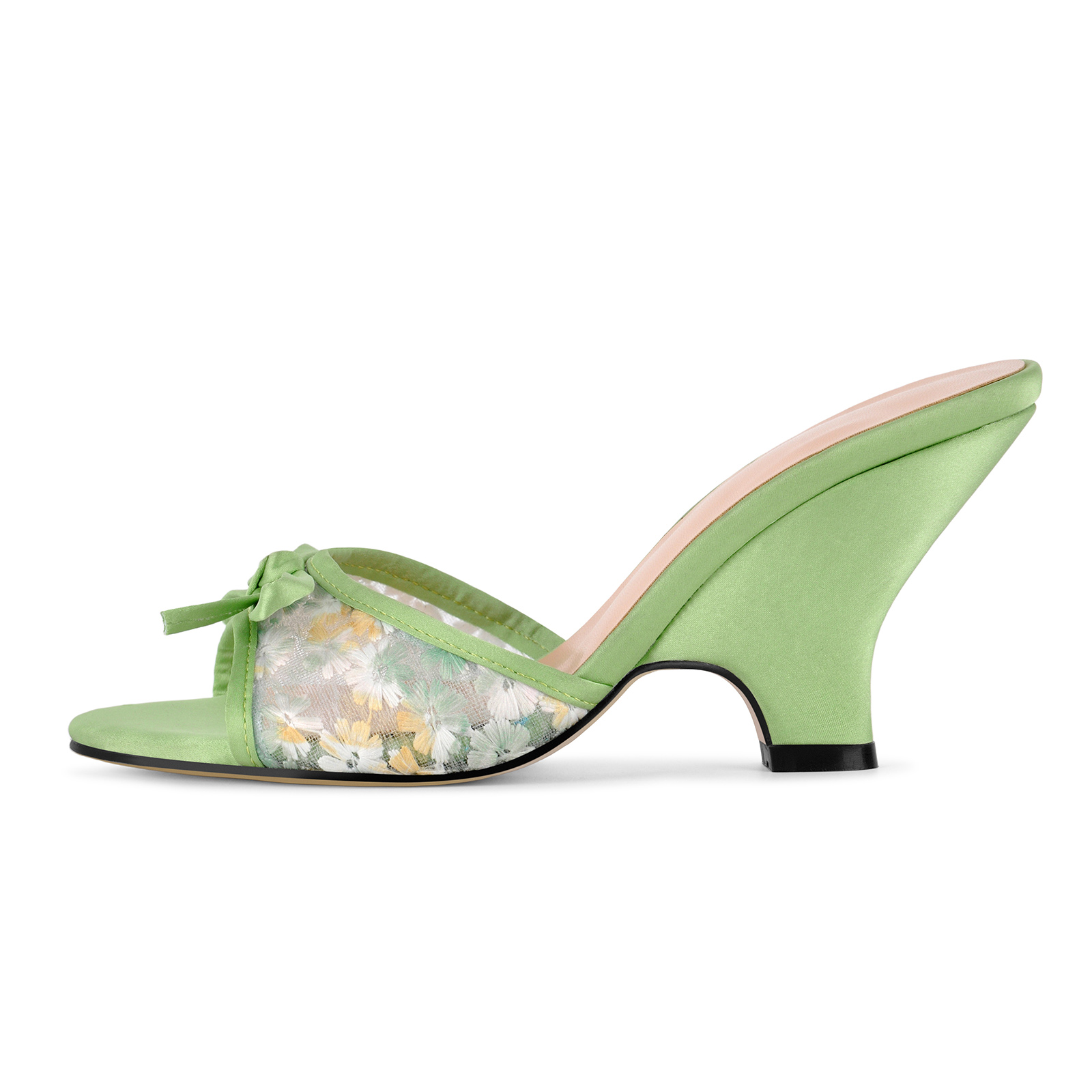 Satin Bow Floral Embroidered Mesh Wedge Mules