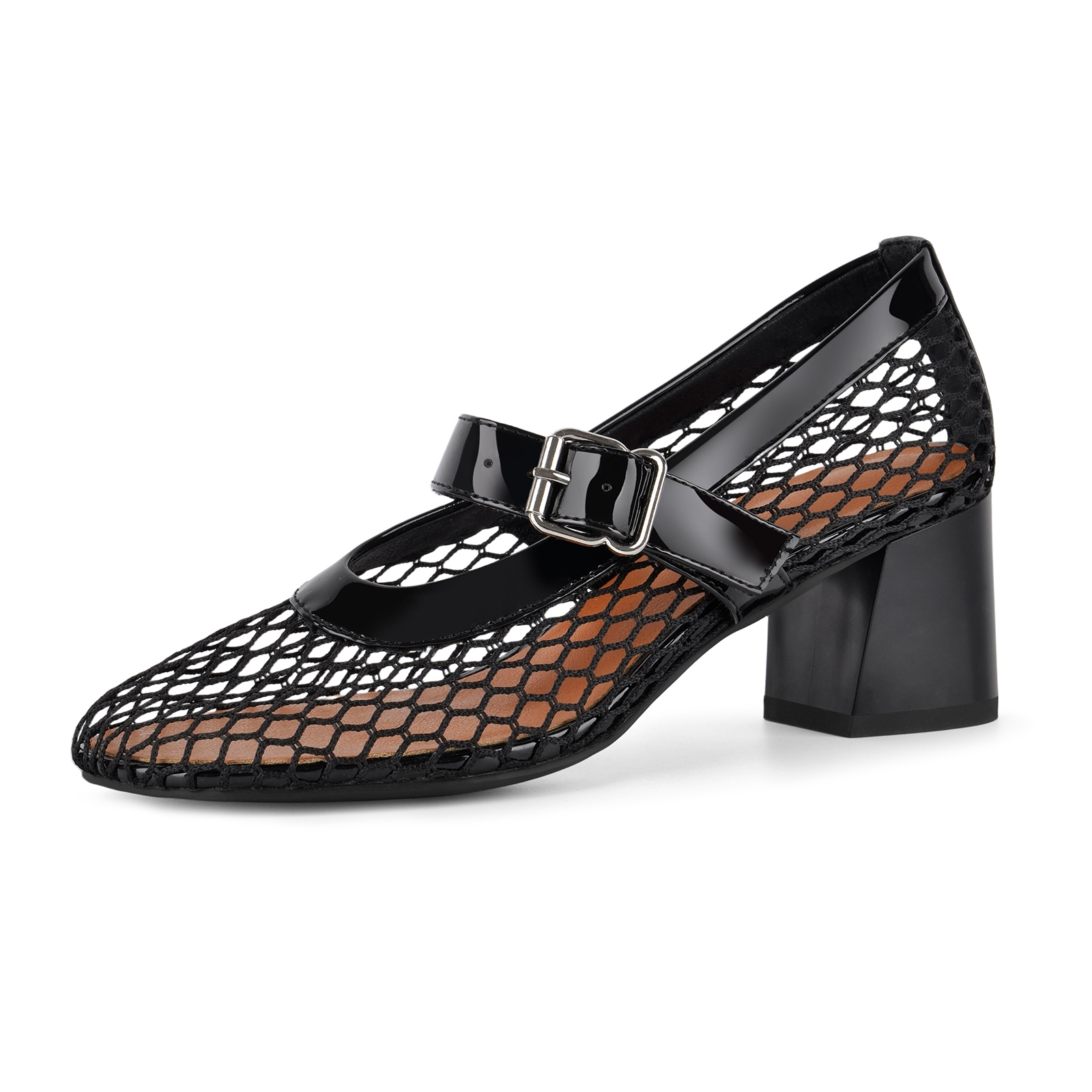 Round Toe Mesh Mary Jane Chunky Heel Pumps