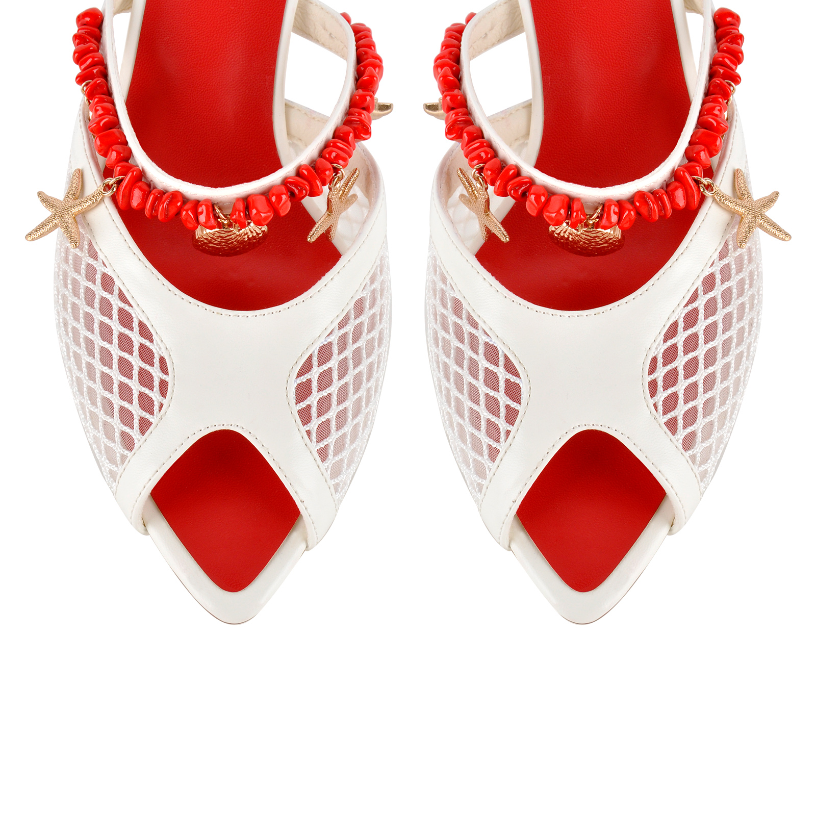 Peep Toe Mesh Ocean Pendant Kitten Heel Mules