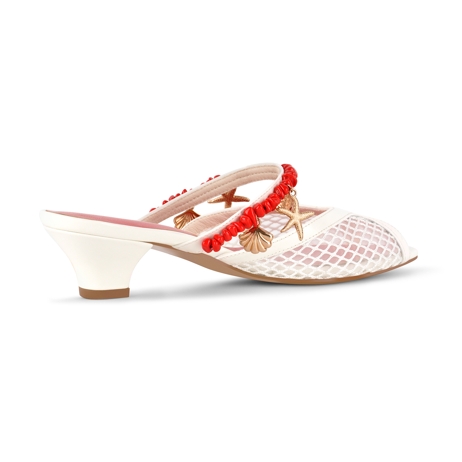 Peep Toe Mesh Ocean Pendant Kitten Heel Mules
