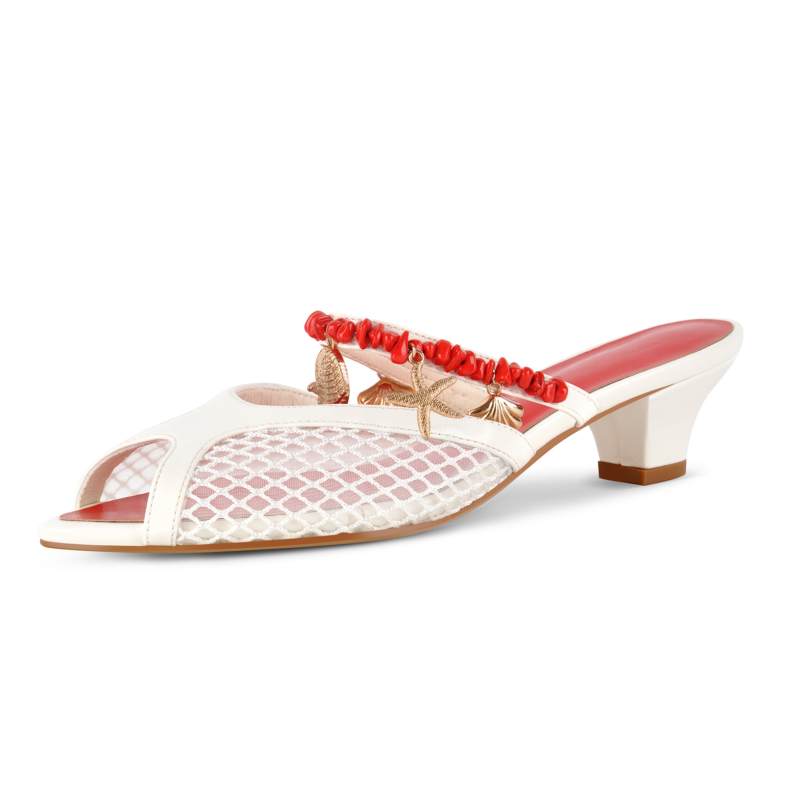 Peep Toe Mesh Ocean Pendant Kitten Heel Mules
