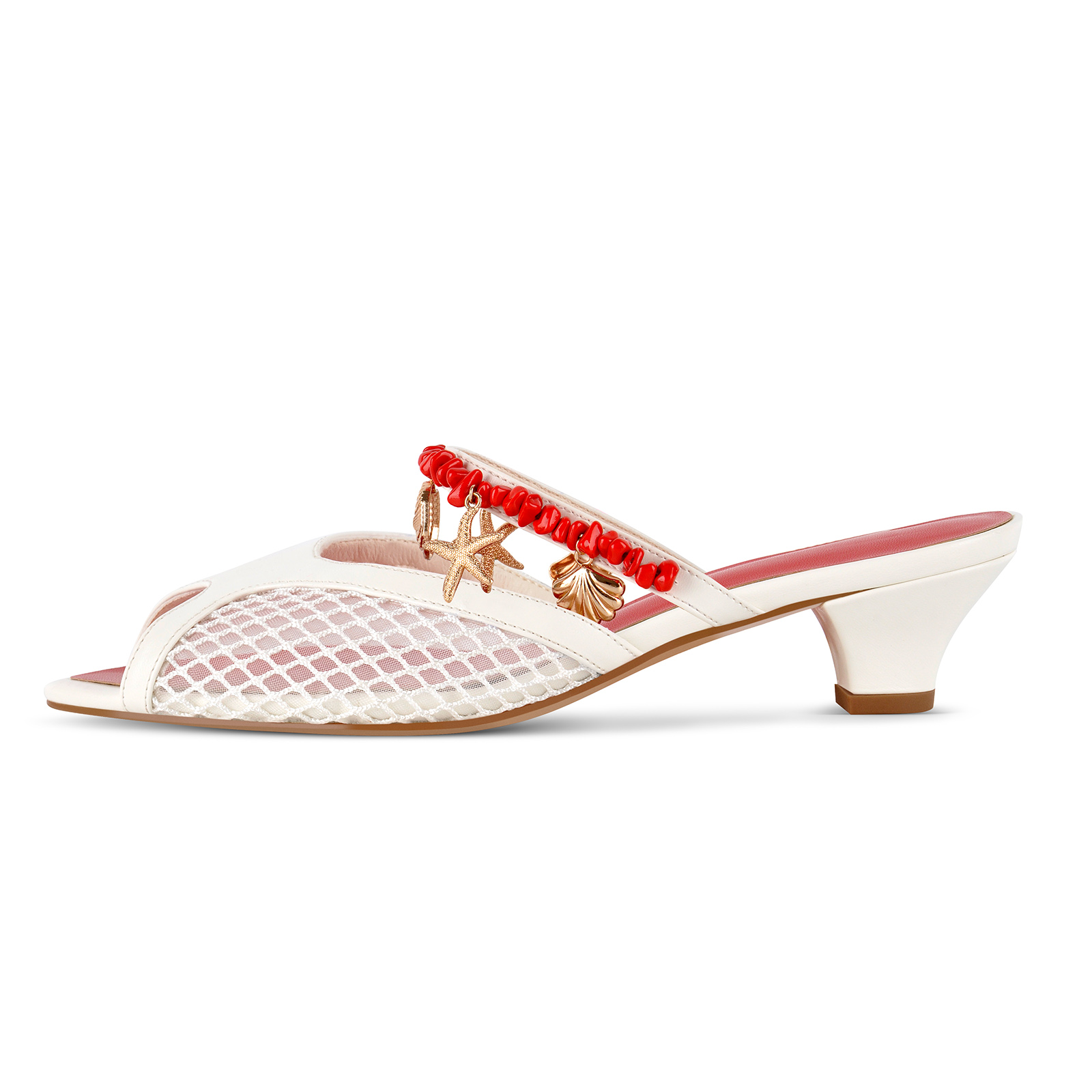 Peep Toe Mesh Ocean Pendant Kitten Heel Mules