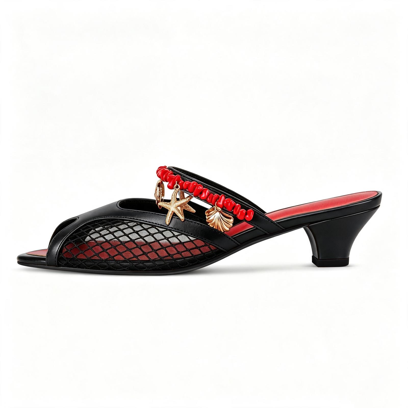 Peep Toe Mesh Ocean Pendant Kitten Heel Mules