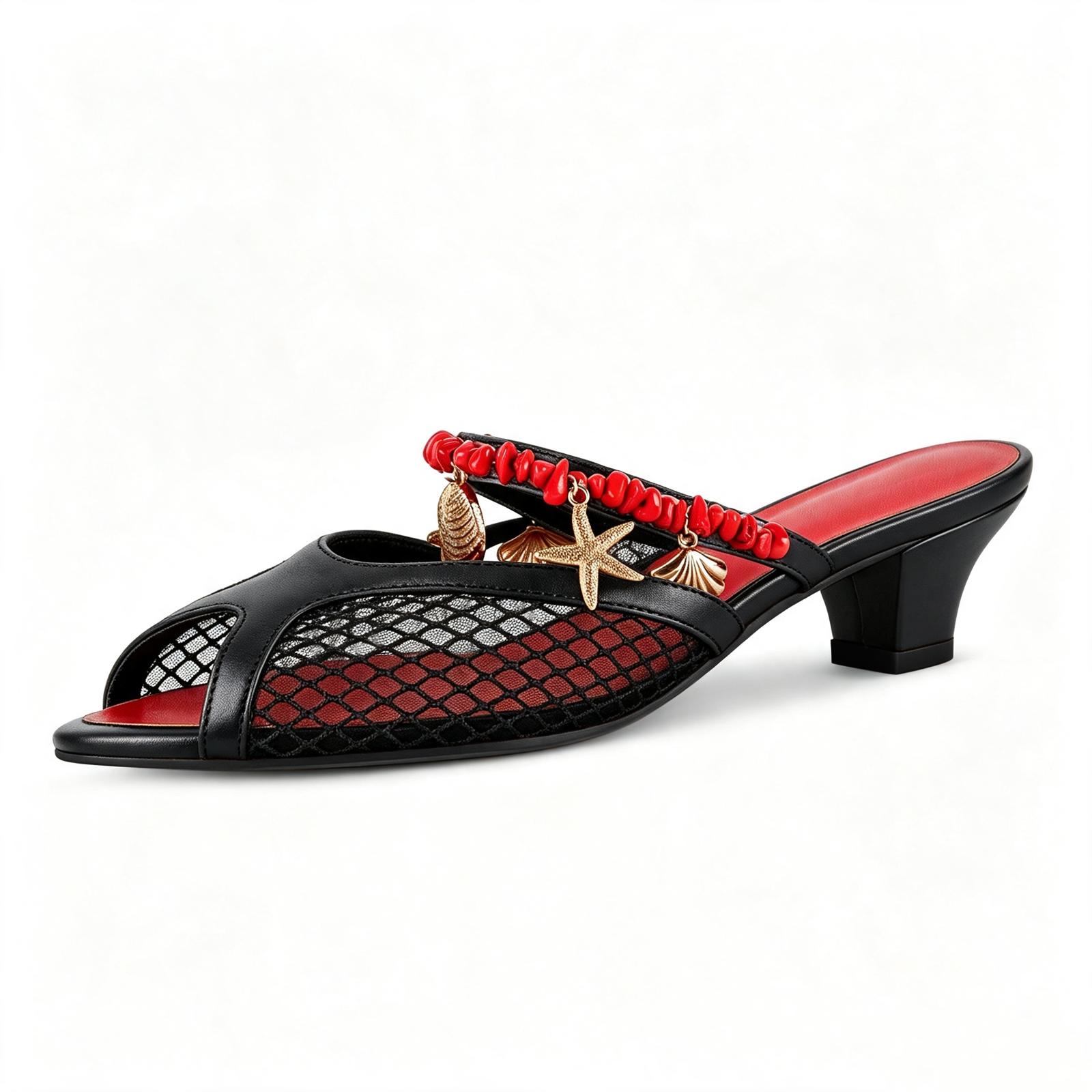 Peep Toe Mesh Ocean Pendant Kitten Heel Mules
