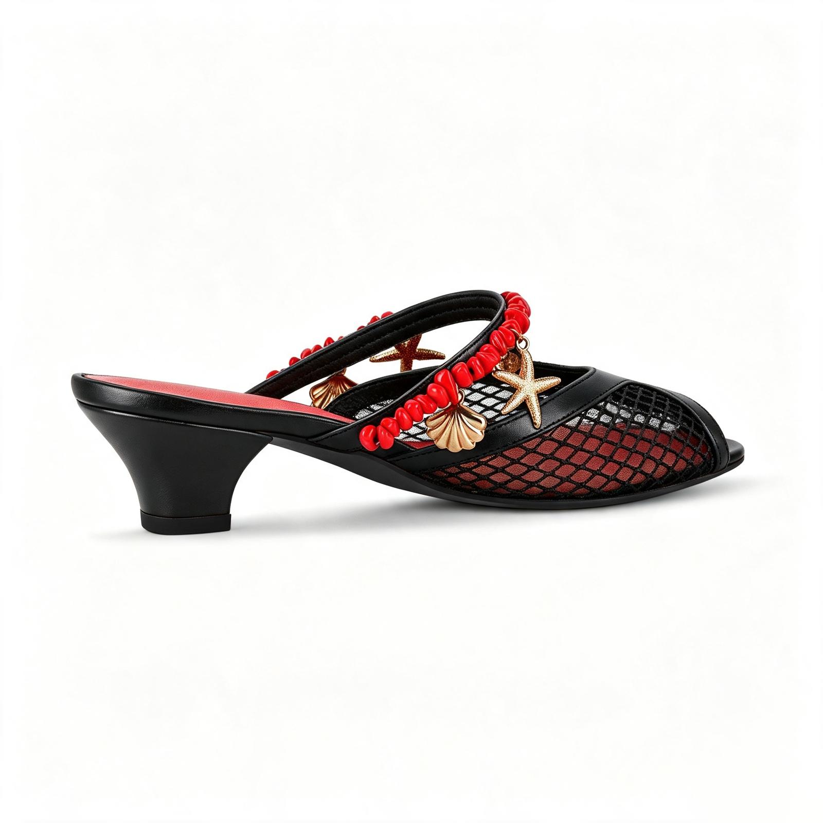 Peep Toe Mesh Ocean Pendant Kitten Heel Mules