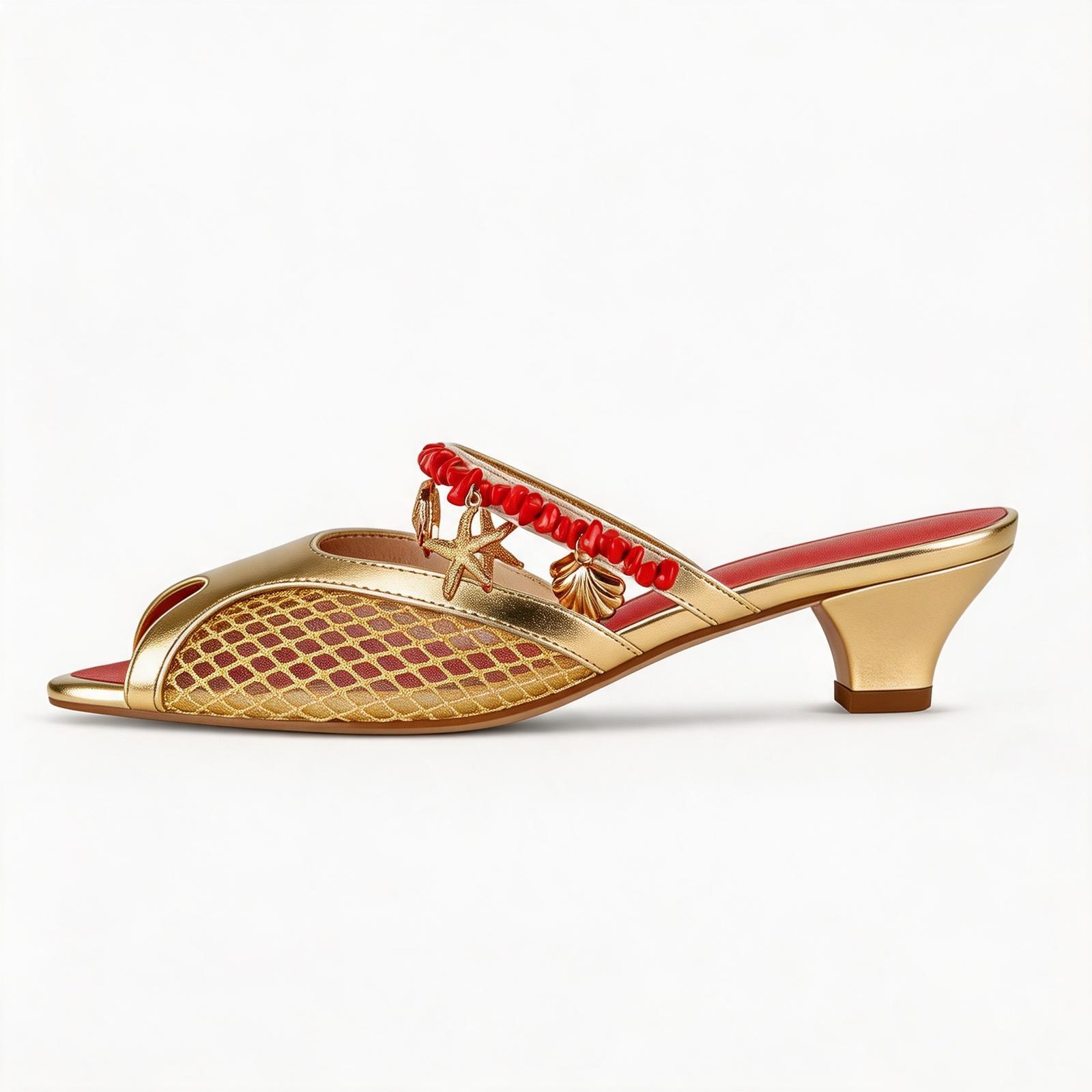 Peep Toe Mesh Ocean Pendant Kitten Heel Mules