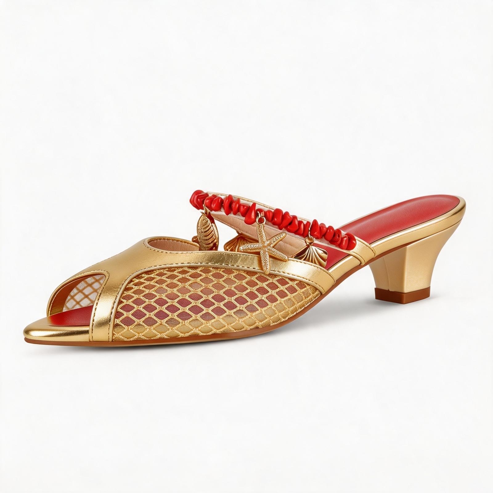 Peep Toe Mesh Ocean Pendant Kitten Heel Mules