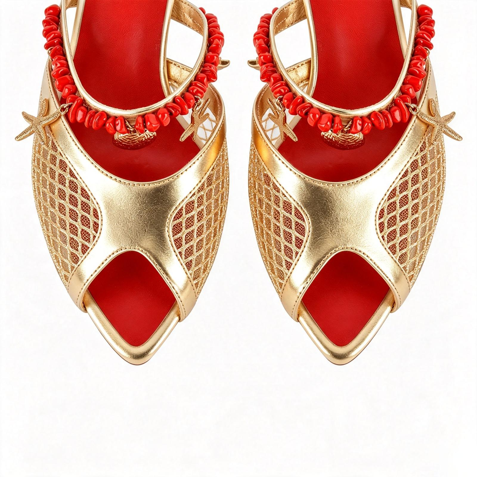 Peep Toe Mesh Ocean Pendant Kitten Heel Mules