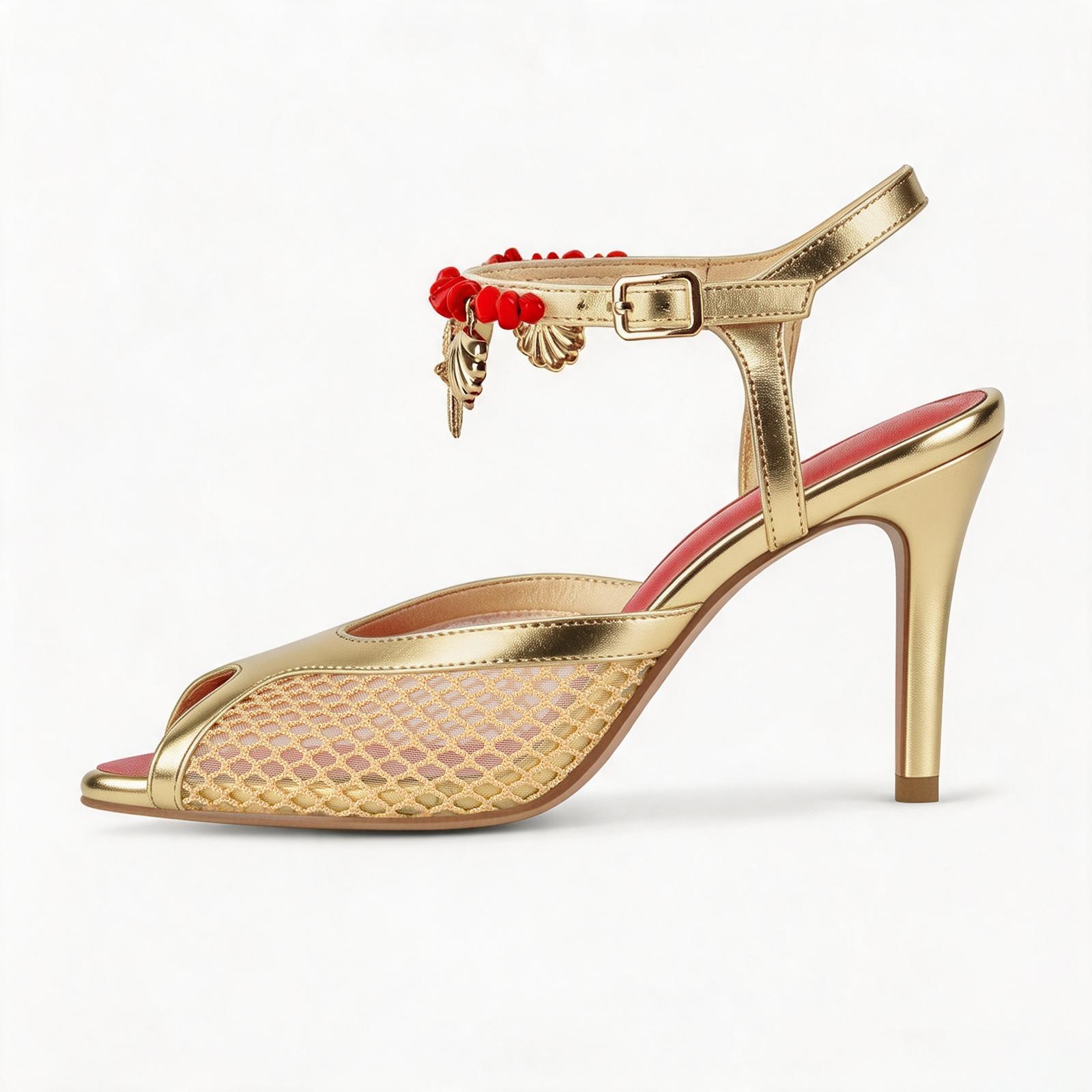 Pointed Toe Mesh Ocean Pendant Ankle Strap Sandals