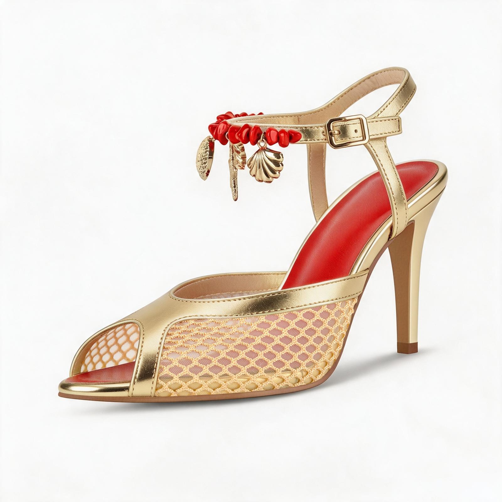 Pointed Toe Mesh Ocean Pendant Ankle Strap Sandals