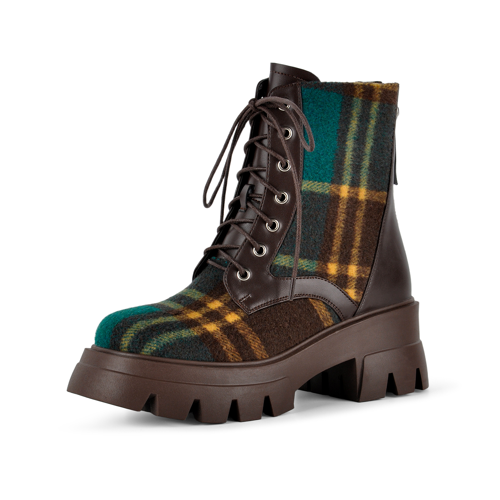 Plaid Platform Lace-up Back Zipper Ankle Boots