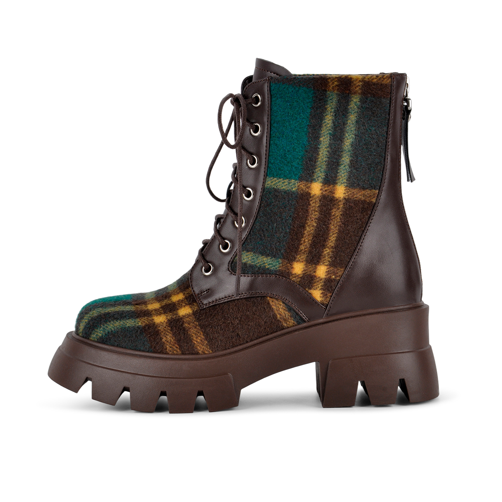 Plaid Platform Lace-up Back Zipper Ankle Boots