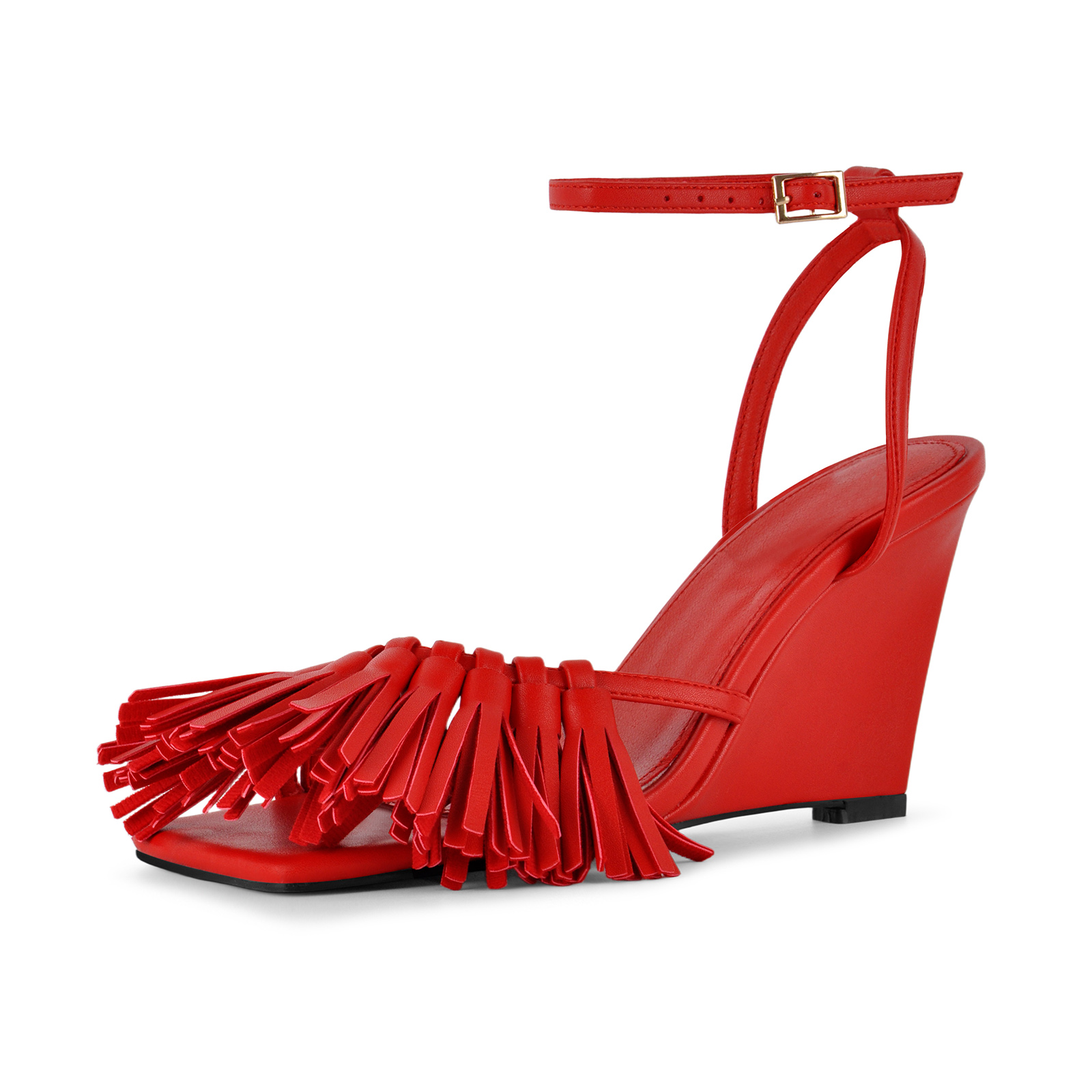 Round Toe Fringe Wedge Heel Ankle Strap Sandals