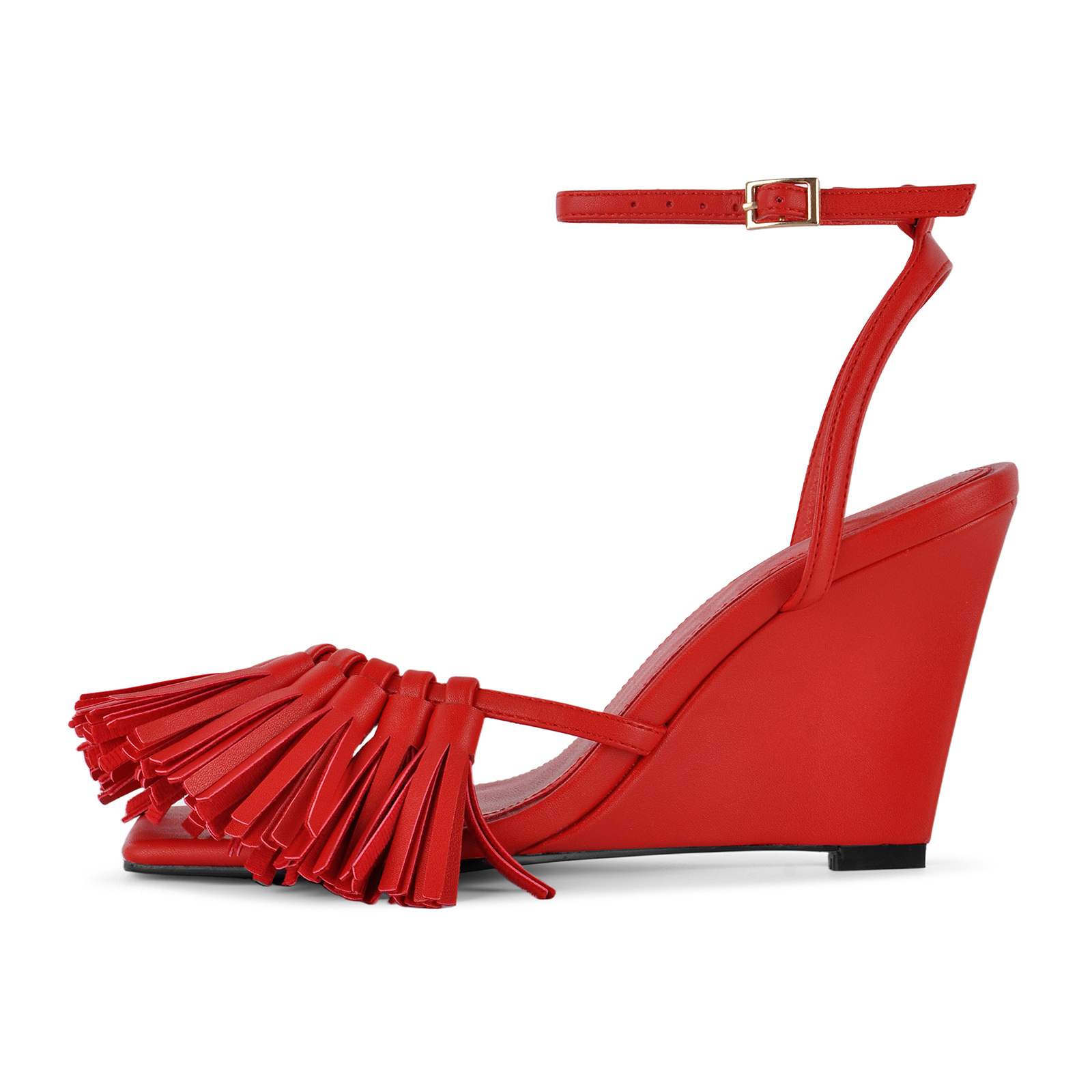 Round Toe Fringe Wedge Heel Ankle Strap Sandals