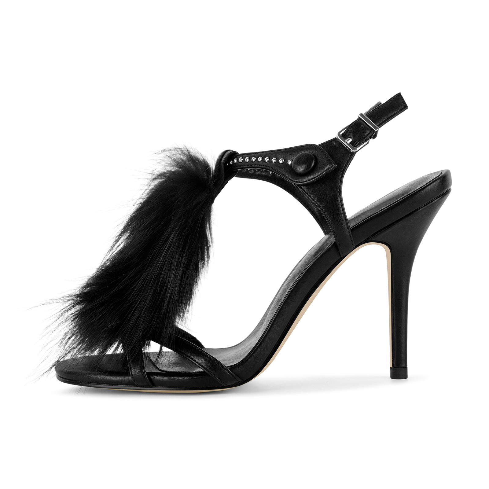Round Toe Fur Studded Buckle Strap Sandals