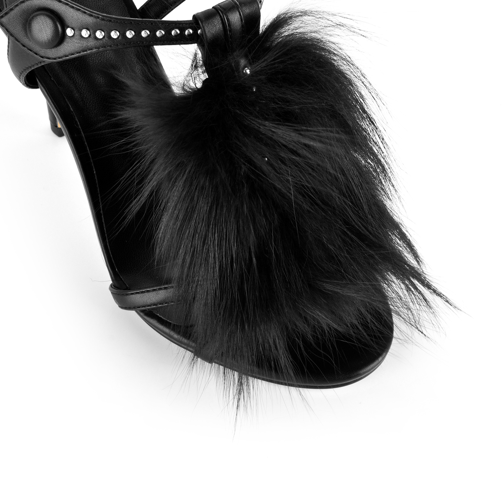 Round Toe Fur Studded Buckle Strap Sandals