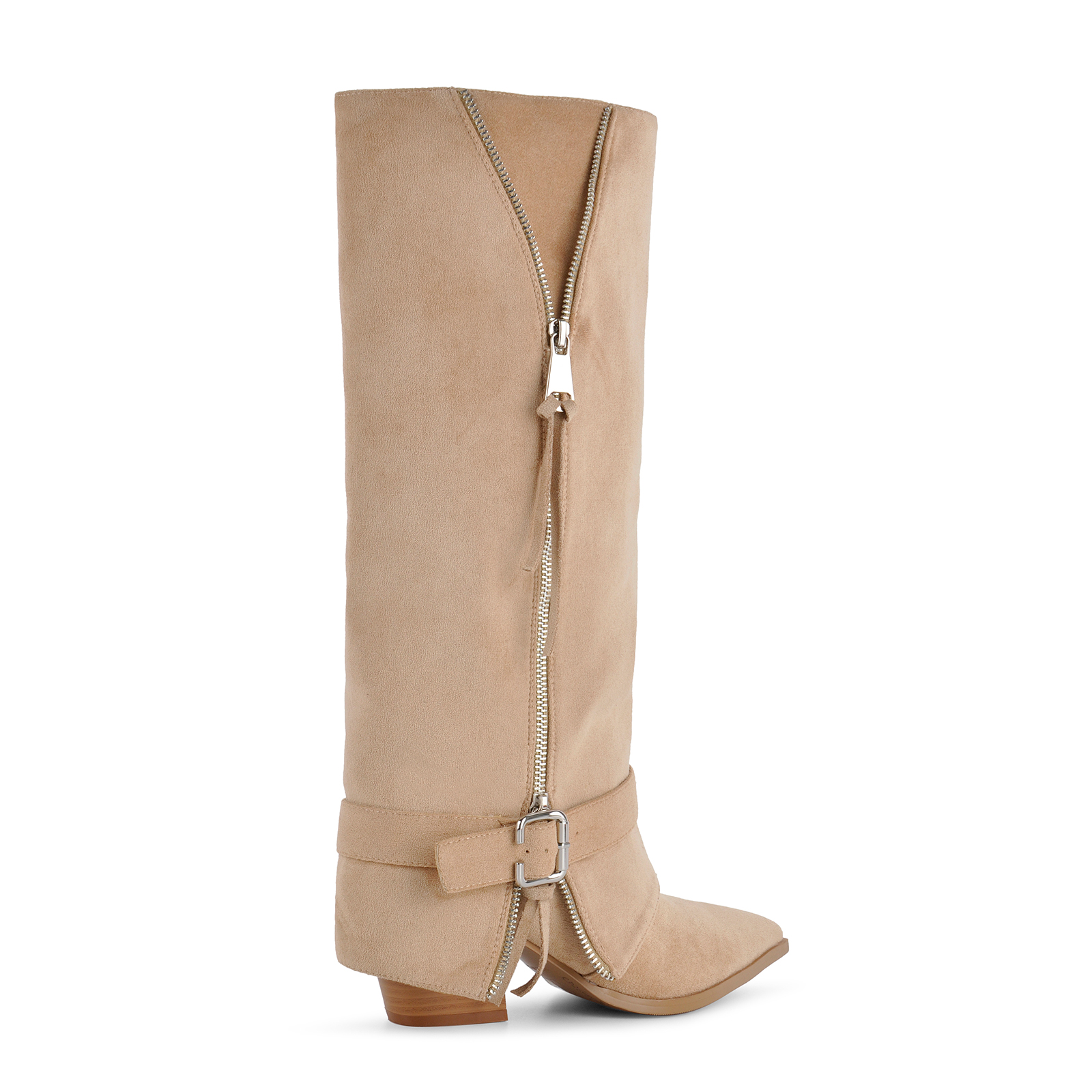 Suede Buckle Zipper Western Knee High Boots