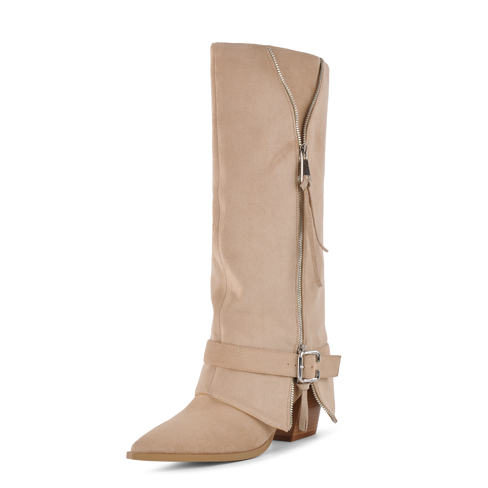 Suede Buckle Zipper Western Knee High Boots