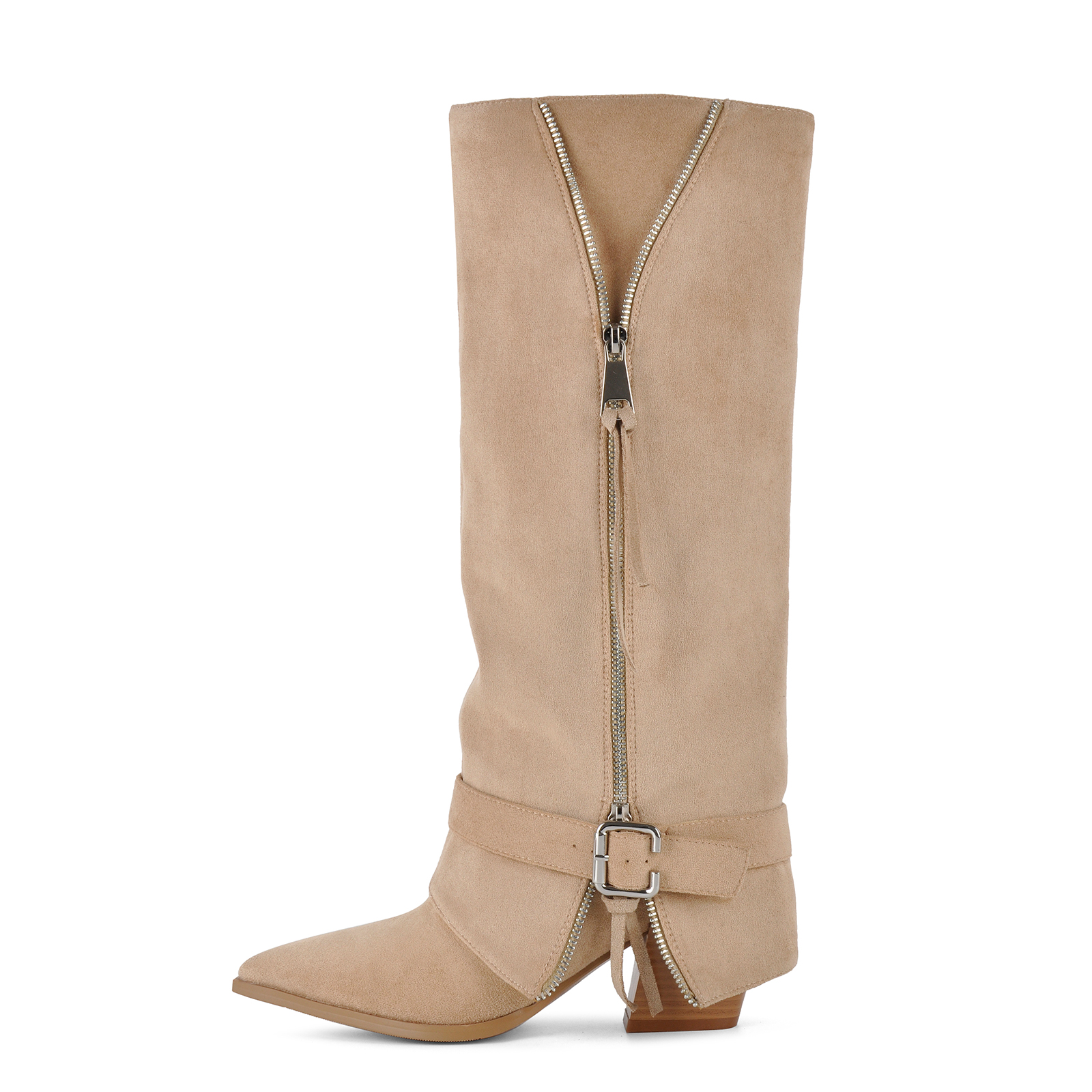 Suede Buckle Zipper Western Knee High Boots