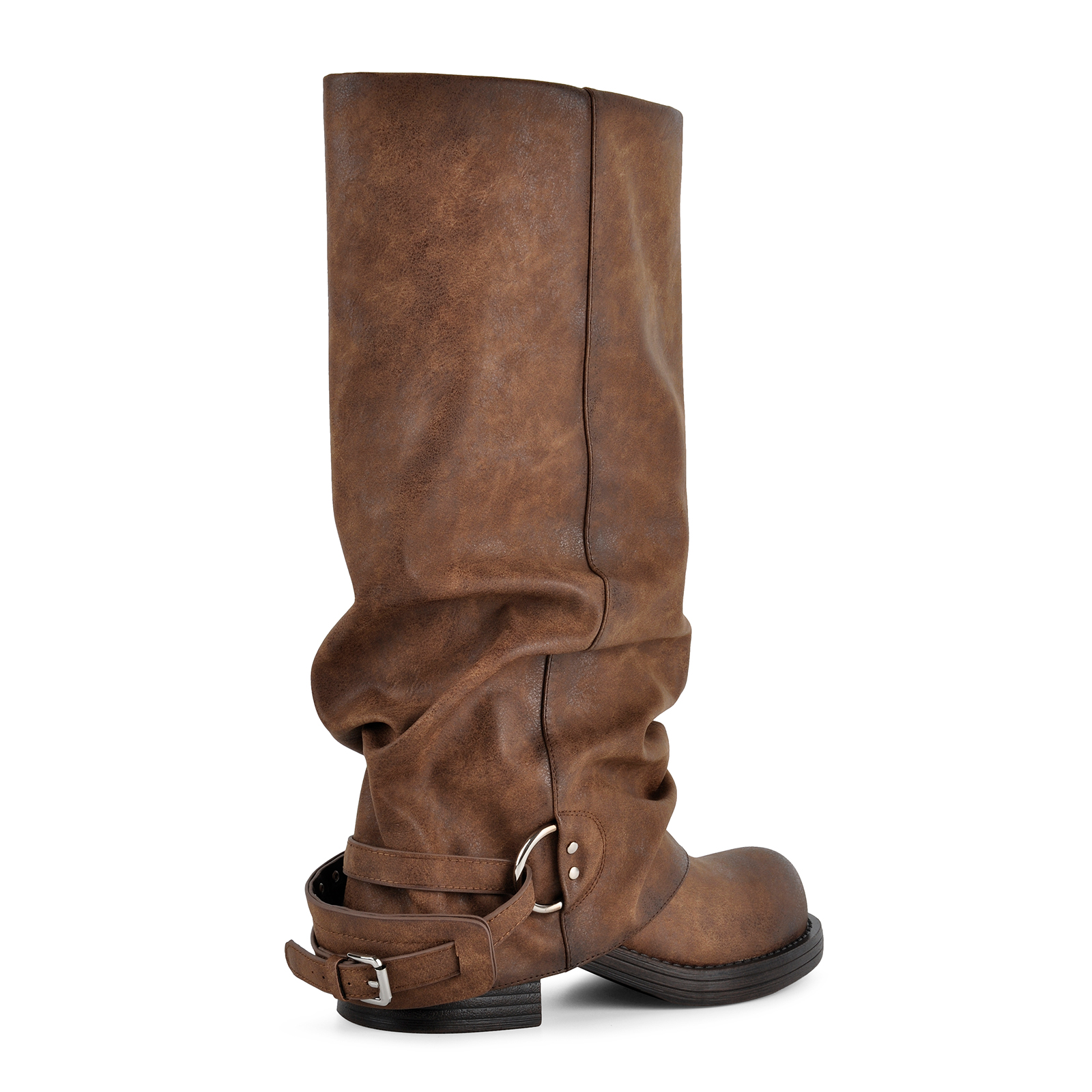 Distressed Slouchy Buckle Strap Knee High Boots