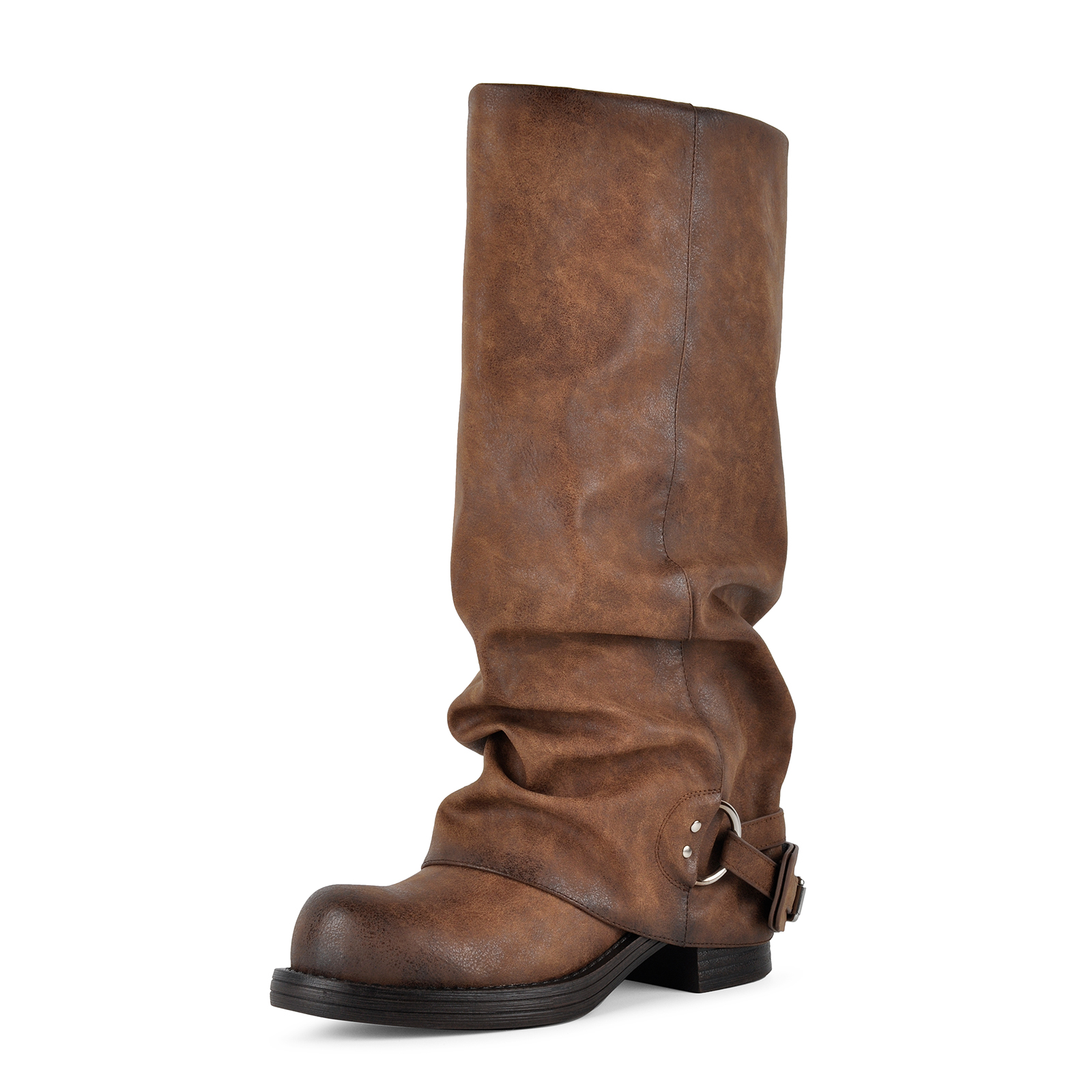 Distressed Slouchy Buckle Strap Knee High Boots