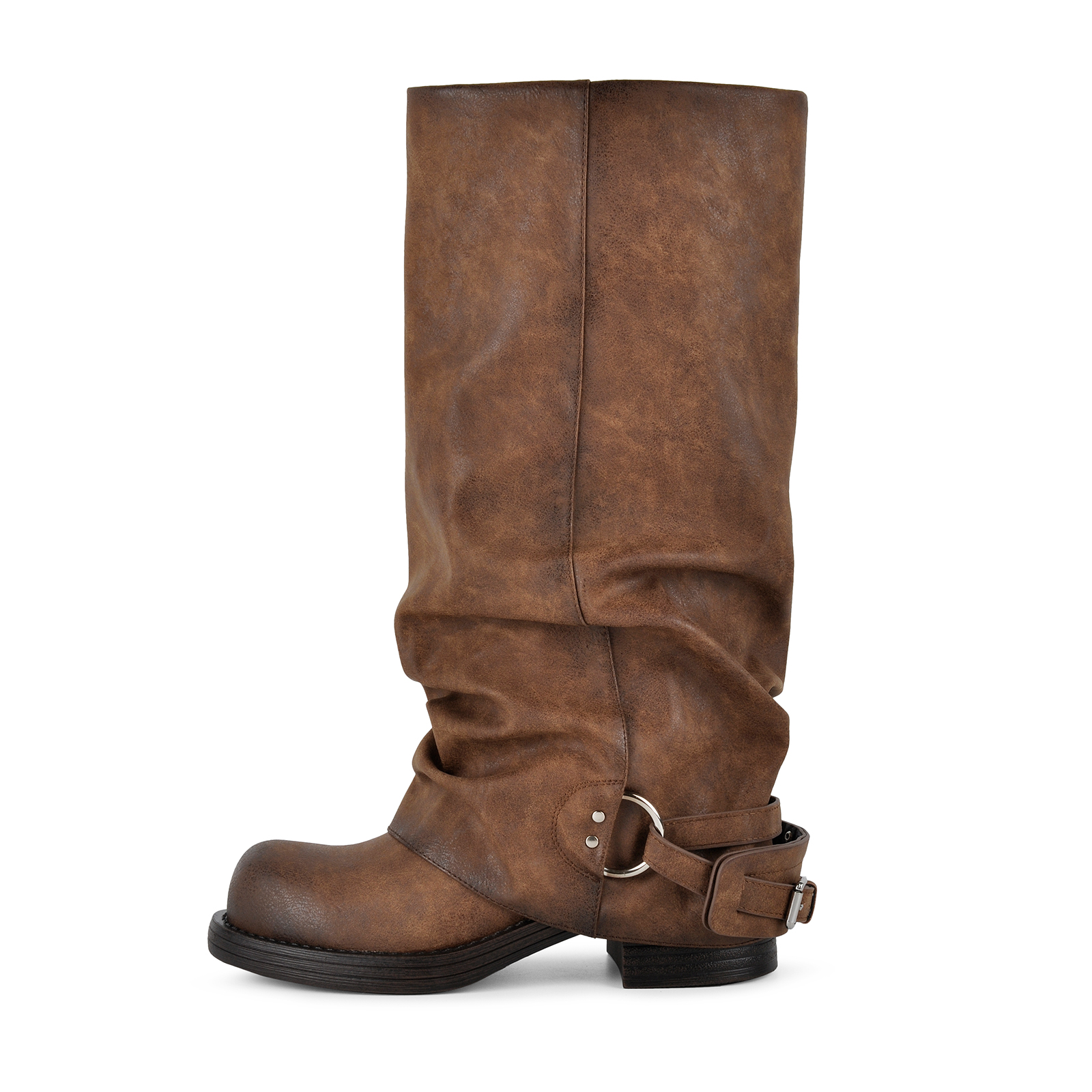 Distressed Slouchy Buckle Strap Knee High Boots